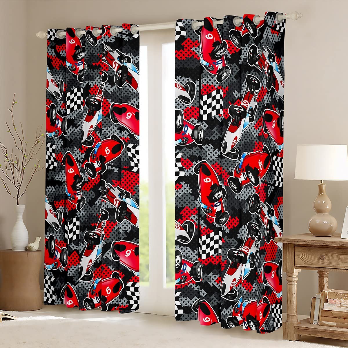 Homemissing Speed Sports Car Curtains Red Race Car Window Curtains for Bedroom Living Room for Kids Boys Girls Automobile Extreme Sport Window Drapes Camouflage Window Curtains W52*L63 - Image 2