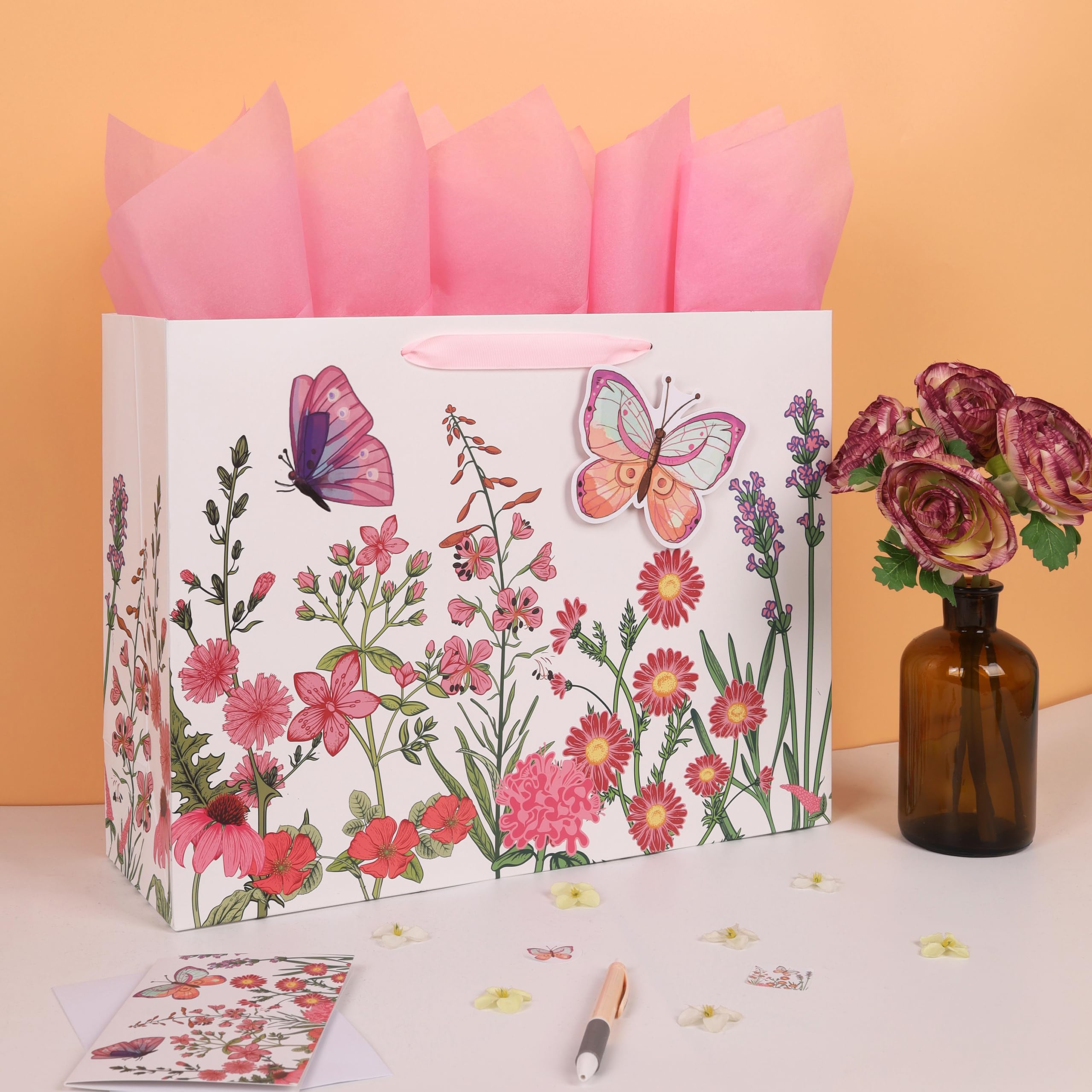 Qirrmiy 16.5” Extra Large 3D Butterfly Gift Bag Set with Handles, Greeting Card, Pink Tissue Papers and Stickers for Women Girls for Birthday, Mothers' Day, Wedding, Anniversary, Floral Design, 1 Pcs