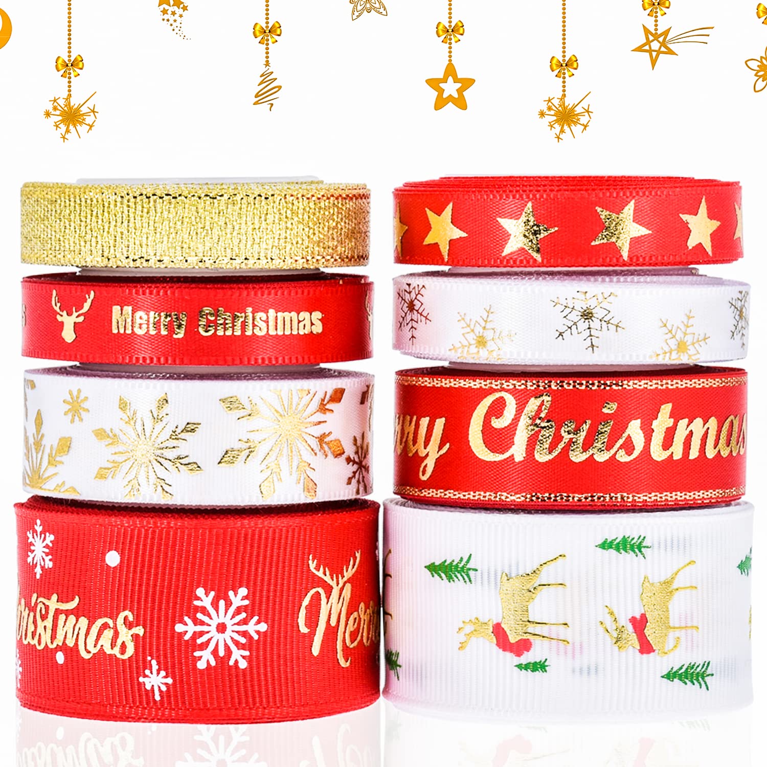 (8 Pack) Organza Glitter Printing Snowflake Christmas Ribbon，1 Inch 11 Yard/Roll, 88 Yards Total