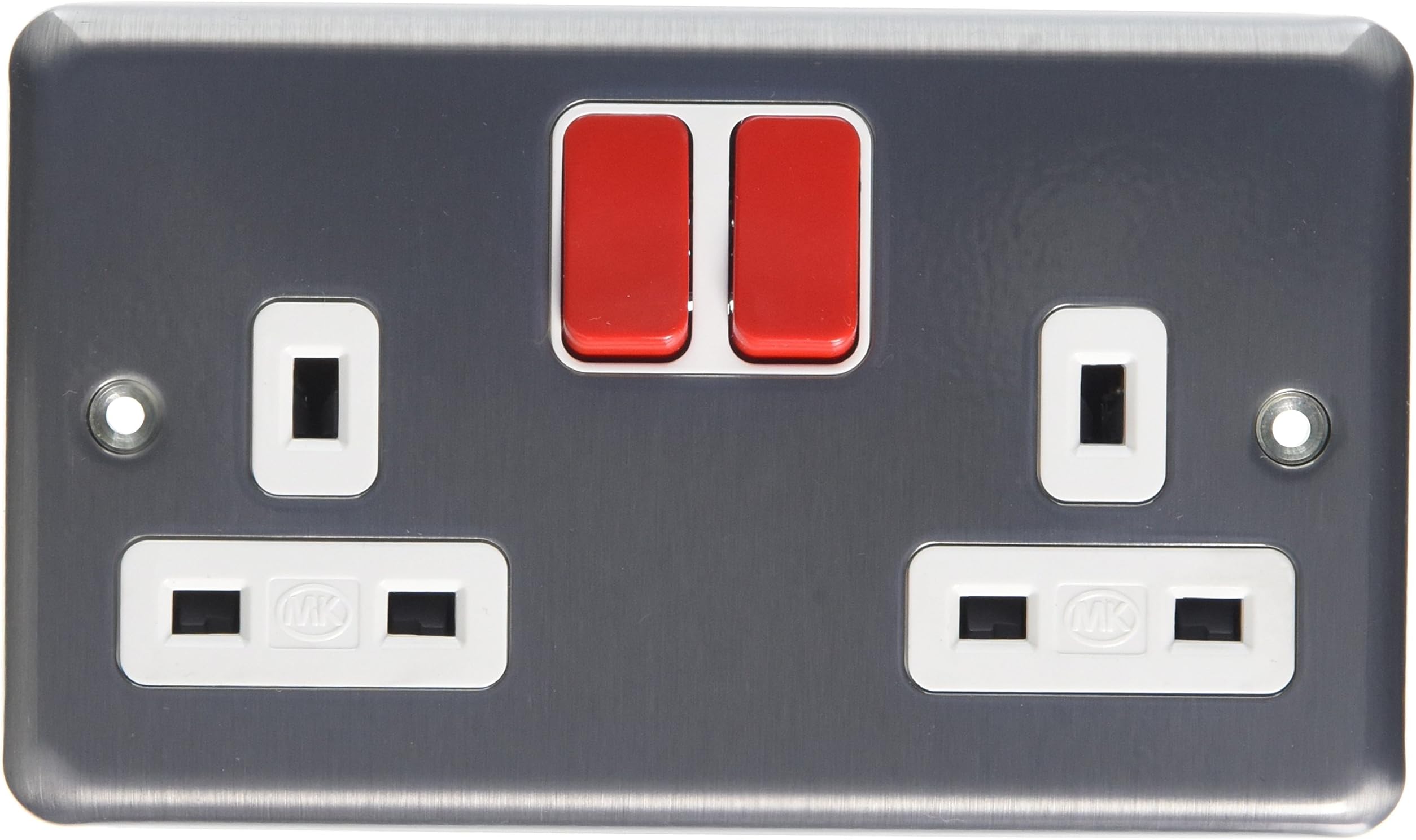 MKK2948D6BRC Double Switch Socket with Red Rockers/Dual Earth/Double Pole - Brushed Chrome