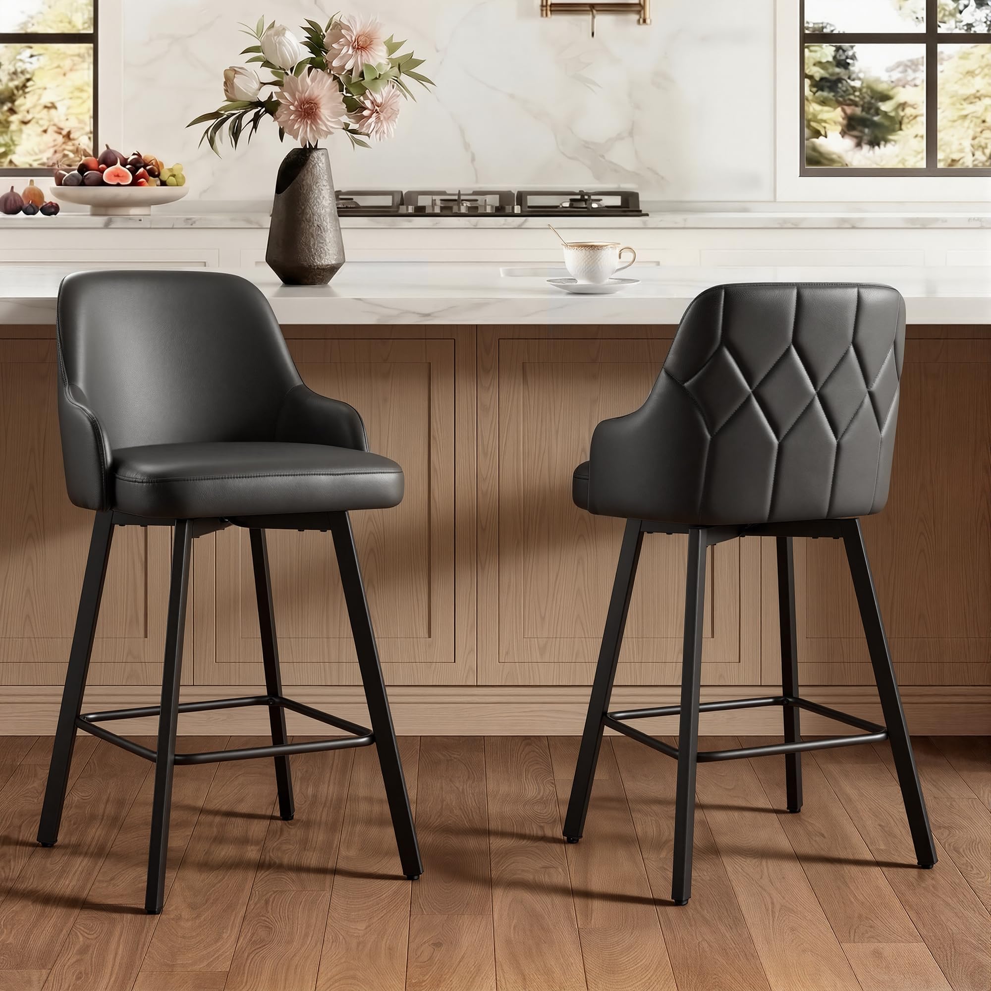 26" counter height swivel bar stools set of 2, upholstered faux leather barstools with back, metal legs for kitchen island dining room, black