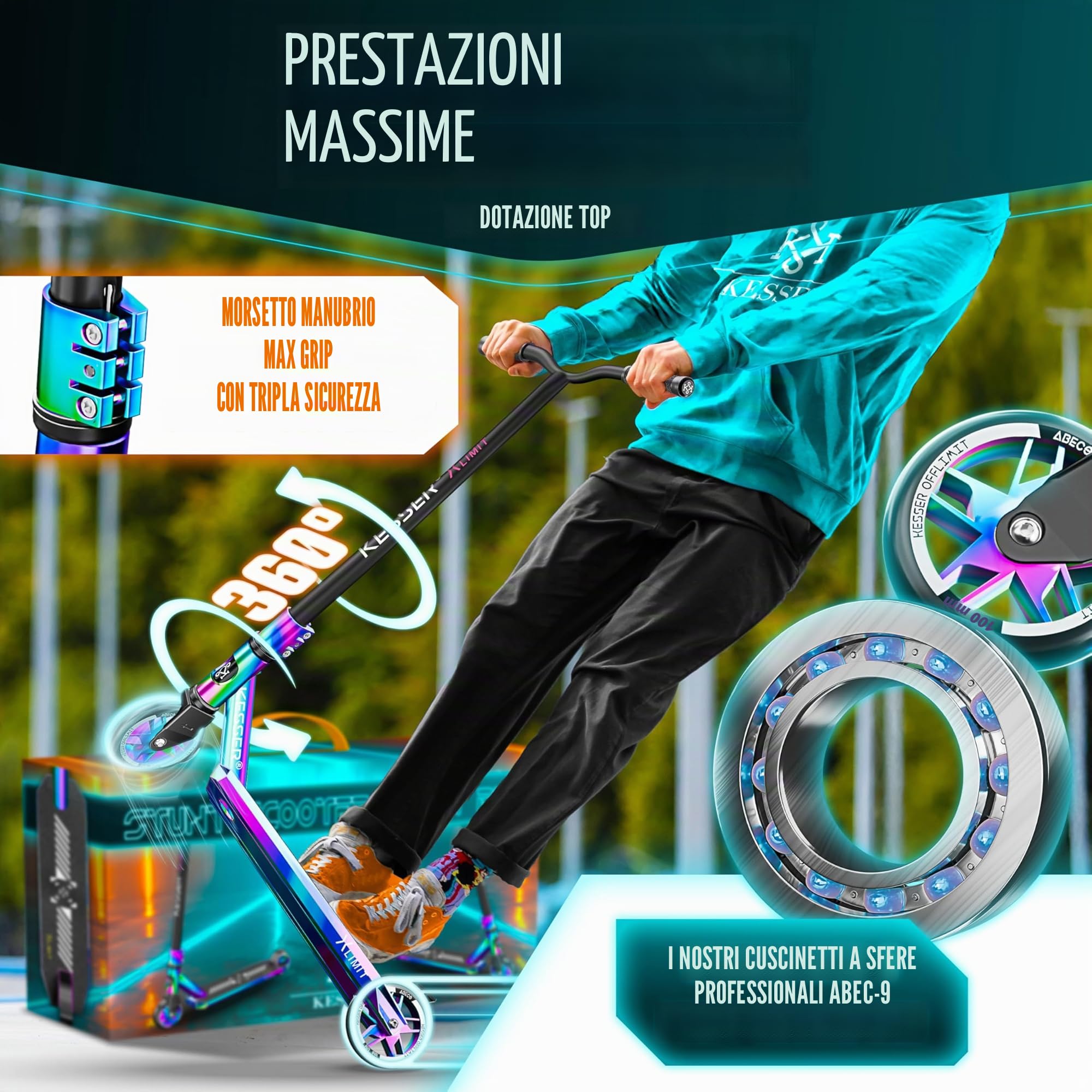 KESSER® Monopattino acrobatico X-Limit-PRO 360Ḟ Divertente Monopattino Monopattino acrobatico con Supporto ABEC 9 Cuscinetti a Sfera, Ruote in PU da 110 mm, Monopattino Scooter