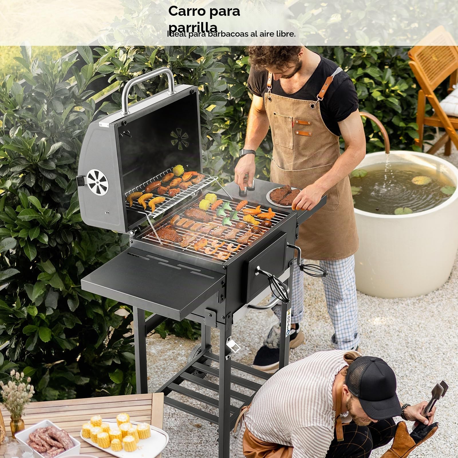 LIFERUN Parrilla Barbacoa Carbon con Tapa, BBQ Smoker, Parrilla con Carrito, con 2PCS Ruedas, Termómetro, Barbacoa de Carbon para Camping y Jardín, 96x98x44,5 cm