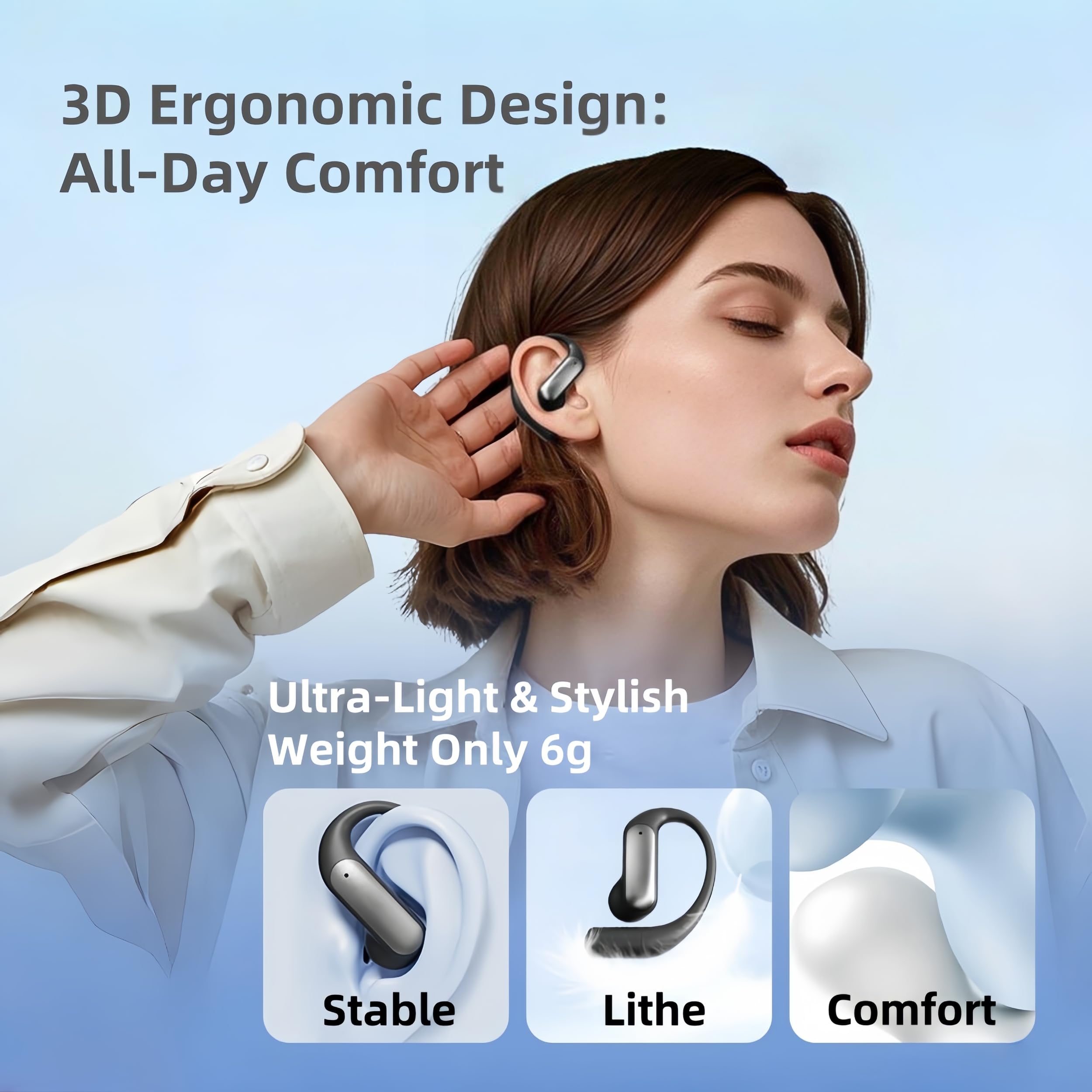 Eleganti auricolari Bluetooth over-ear da donna, auricolari aperti senza fili con 60 ore di autonomia, BT5.4, bassi da 14,2 mm, impermeabili IPX5, ganci per le orecchie sicuri per allenamenti