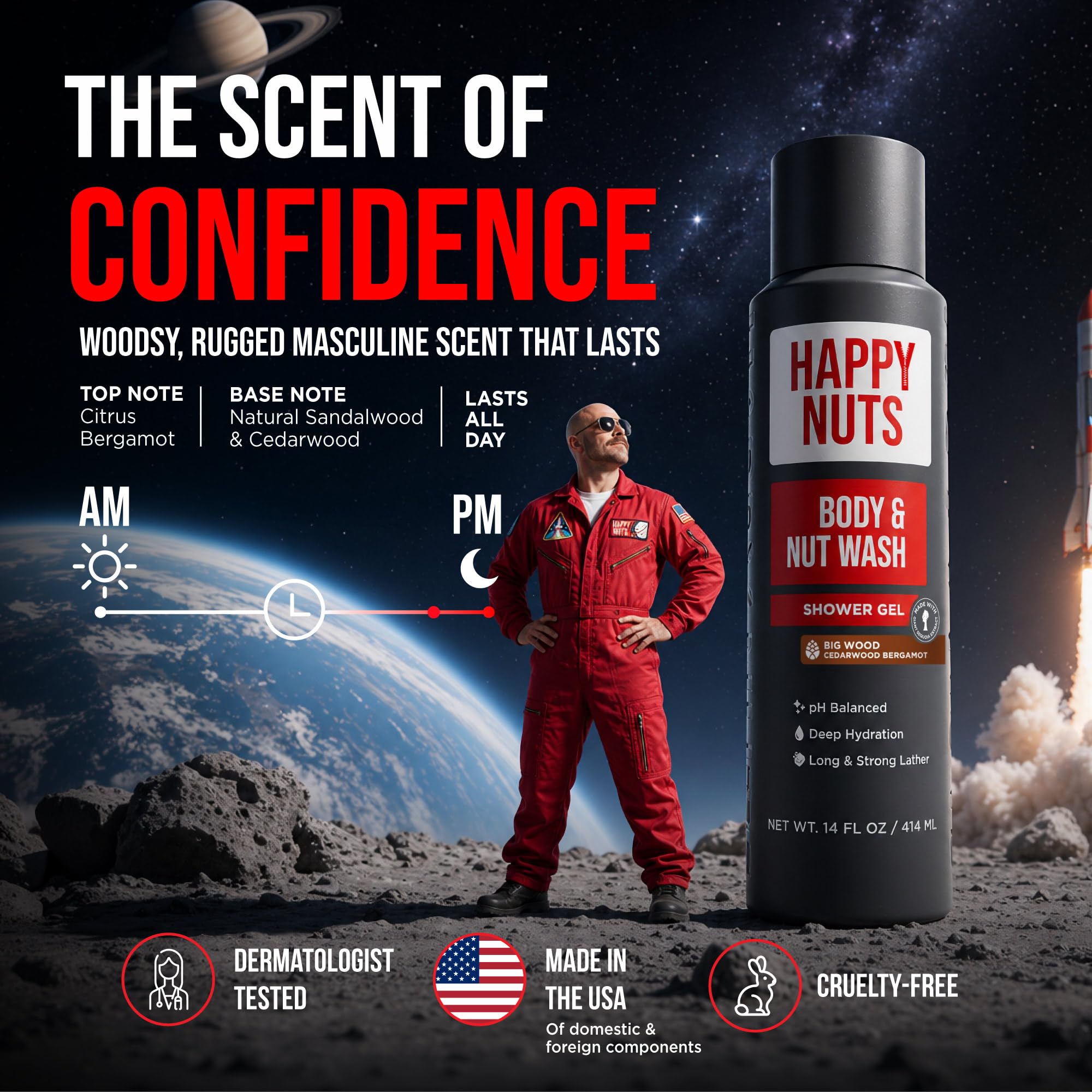 HAPPY NUTS Nut and Body Wash for Men – Sandalwood – Natural Men's Shower Gel – Body Wash