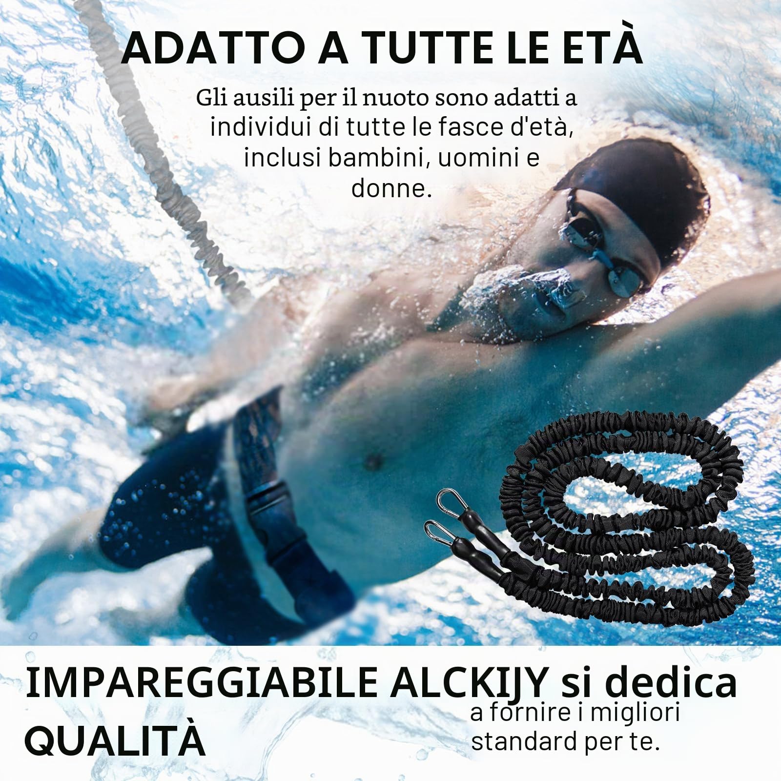 Cintura di nuoto per piscine | 2,5-7,5M Cintura di resistenza regolabile | Adatta per adulti e bambini | Accessorio di nuoto per tutte le piscine