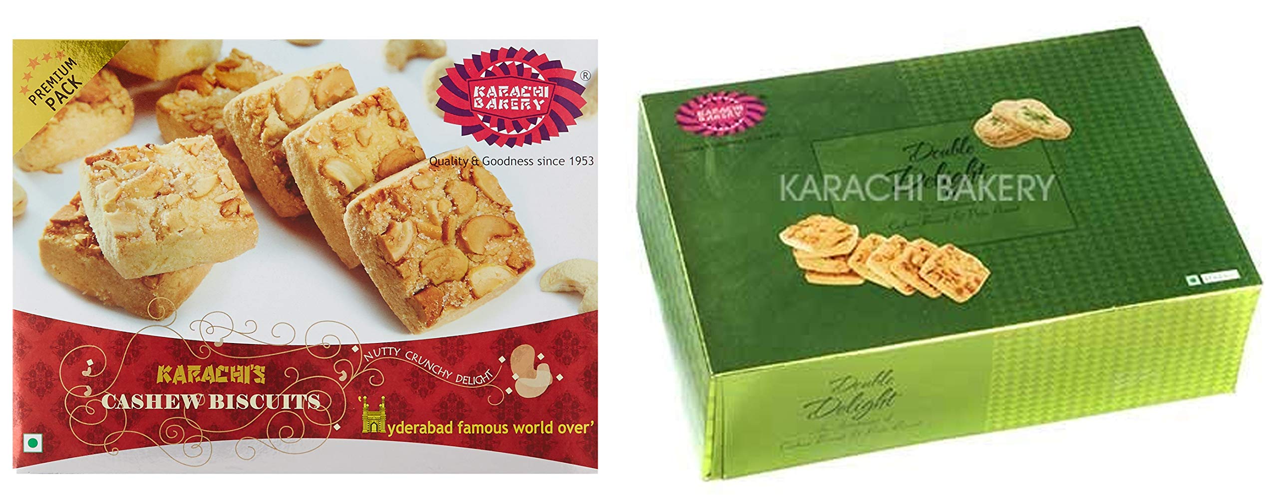 Karachi Bakery Cashew Biscuits, 400g + Karachi Bakery Double Delight with Cashew and Green Pista, 400g