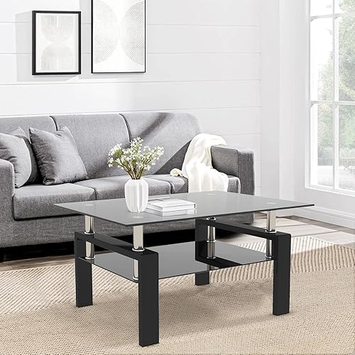 Miniatura 9 de DKLGG Mesa de centro de cristal mesa central rectangular con estante inferior mesa de centro blanca moderna de 2 niveles con patas de tubo de metal