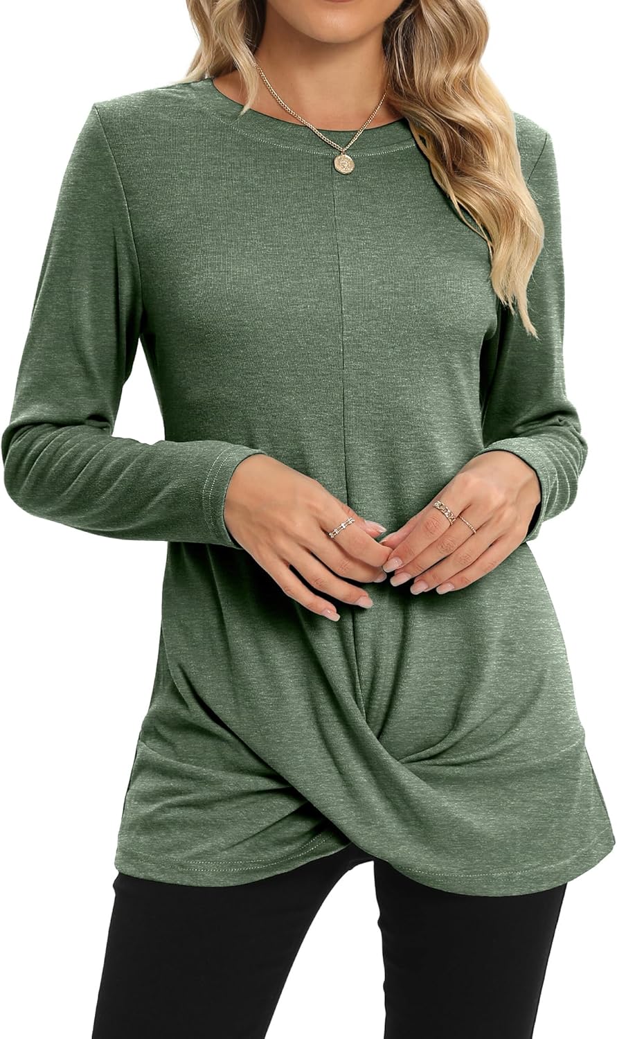 DUSDIMON Women's Crewneck Tunic Tops Long Sleeve Casual TShirts Front Twist for Leggings - Image 2