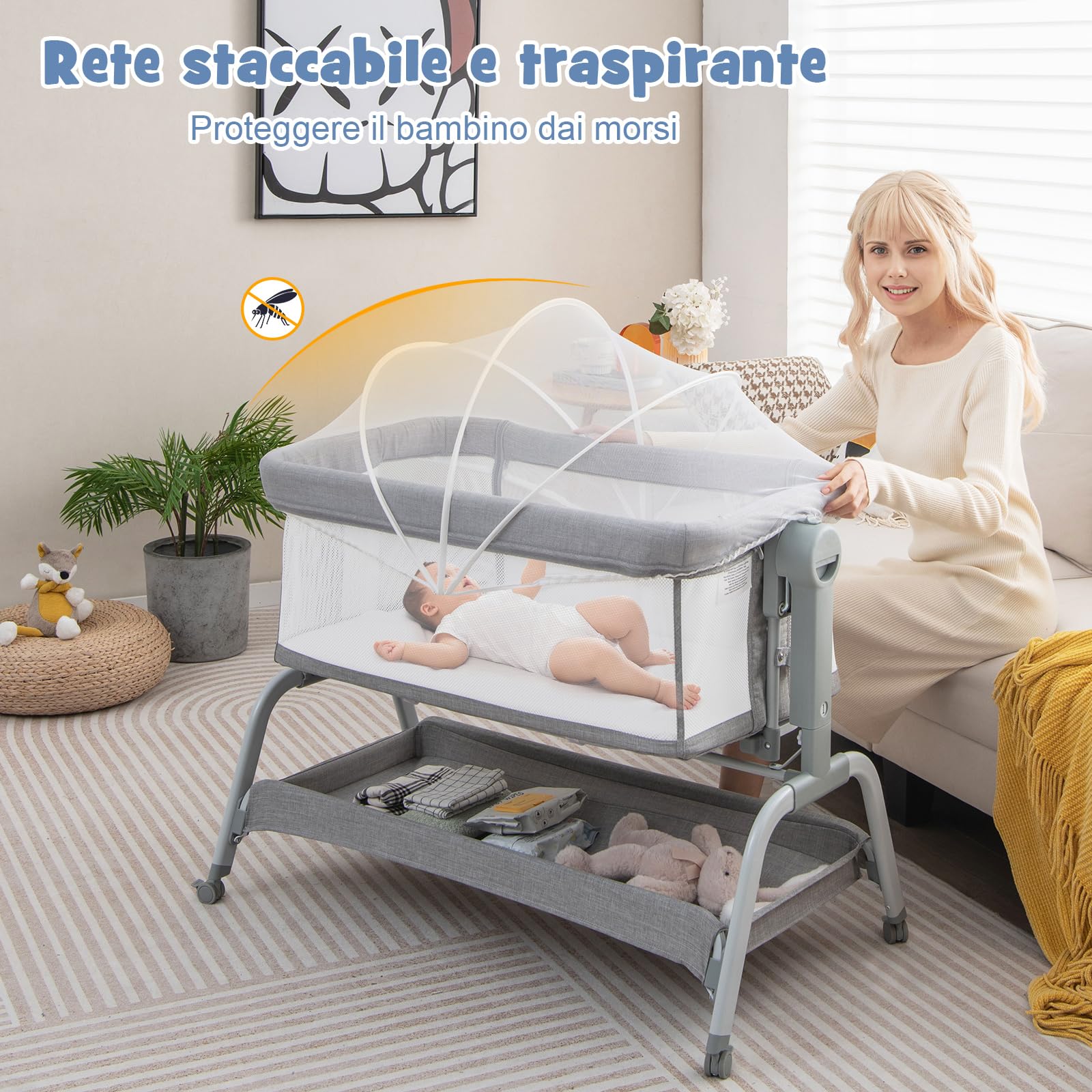 COSTWAY Culla Neonato Fianco 4 IN 1, Culla Co-sleeping con Spondina Apribile, Altezza Regolabile, Materasso Ruote Borsa da Viaggio Zanzariera Inclusi, 0-6 Mesi Fino a 9 kg (Grigio)