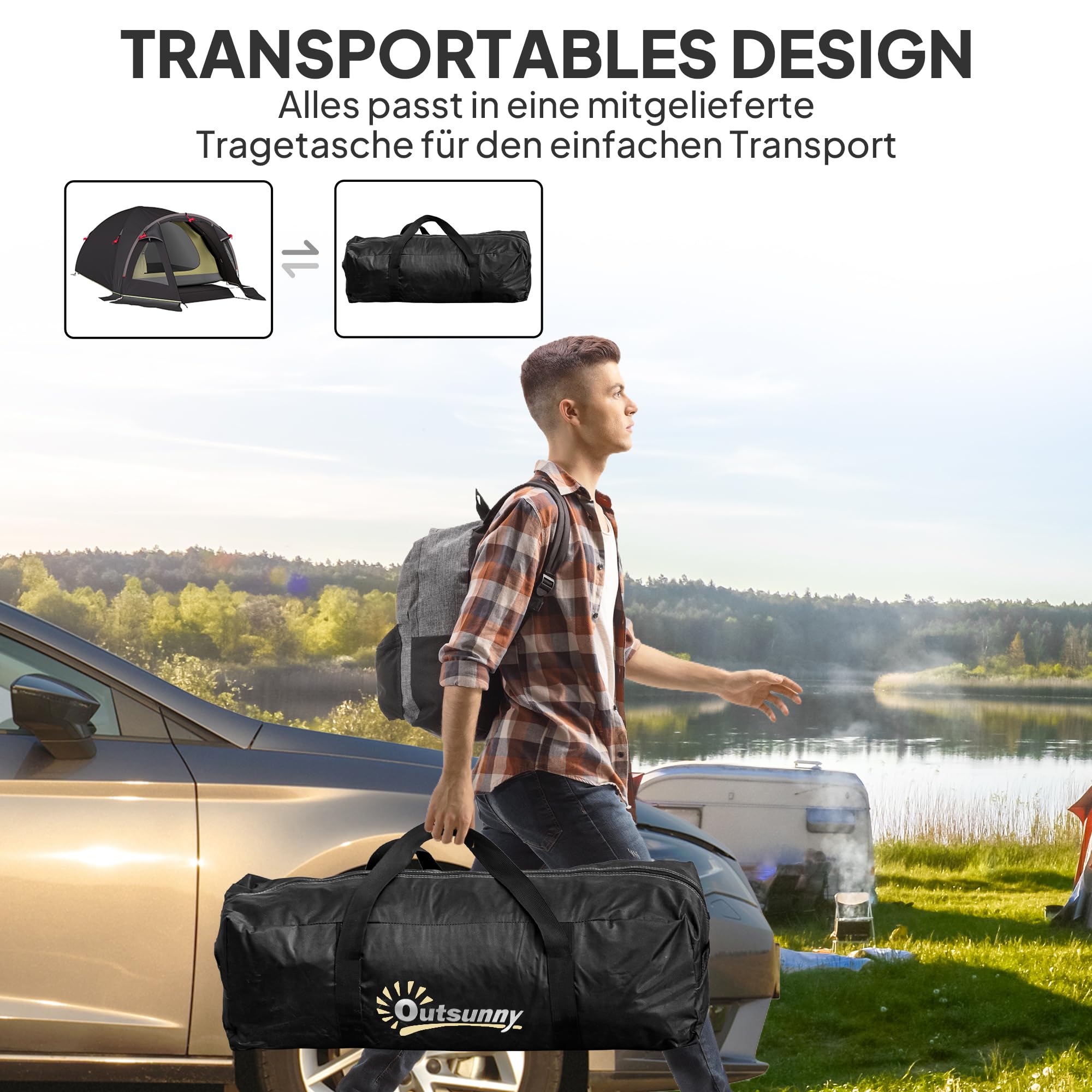 Outsunny Campingzelt für 2 Personen, Leicht Stabil Wasserdicht UV 50+ | Tunnelzelt Mit Vordach, Seitentür&Fenster, Bodenplane, Familienzelt, 3000mm Wassersäule, Camping Reise Trekking