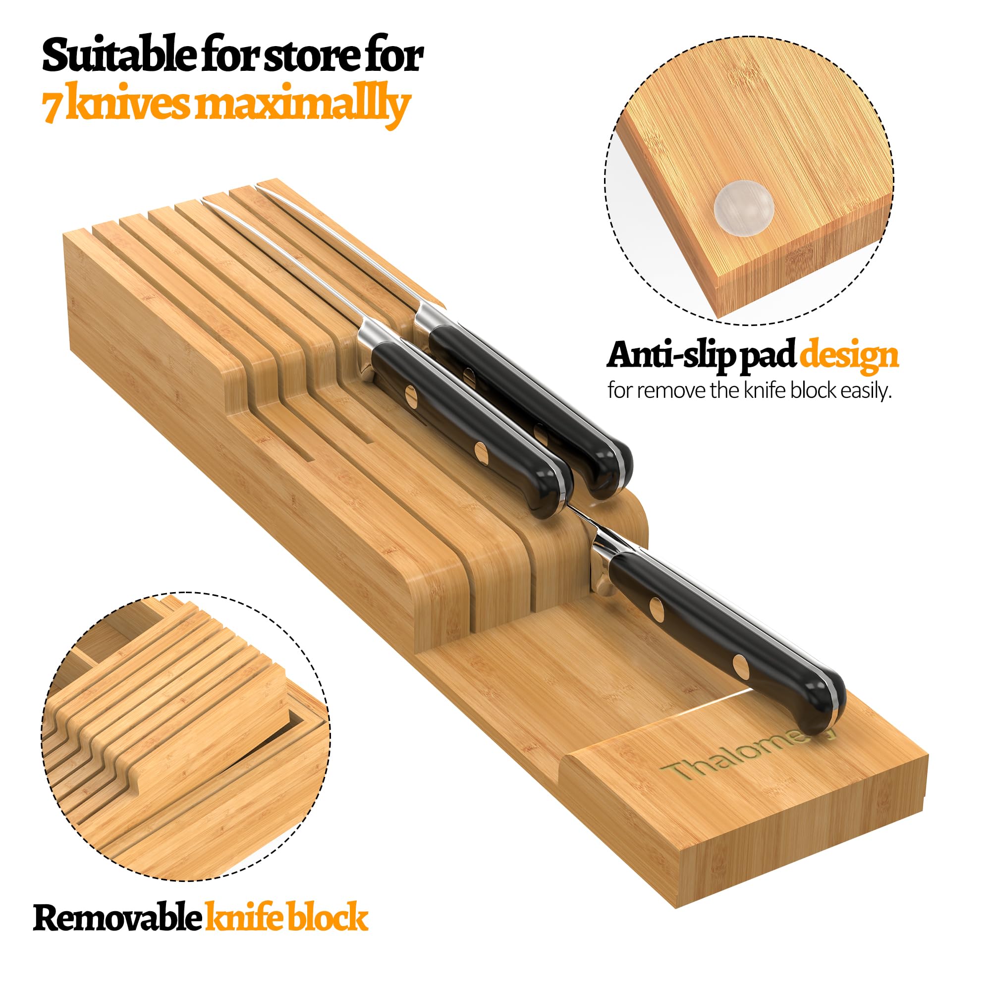 Bambus-Küchenschubladenorganizer, erweiterbarer Utensilien-Organizer mit abnehmbarem Messerblock, Besteckkasten mit Trennwand, verstellbarer Besteck-Organizer