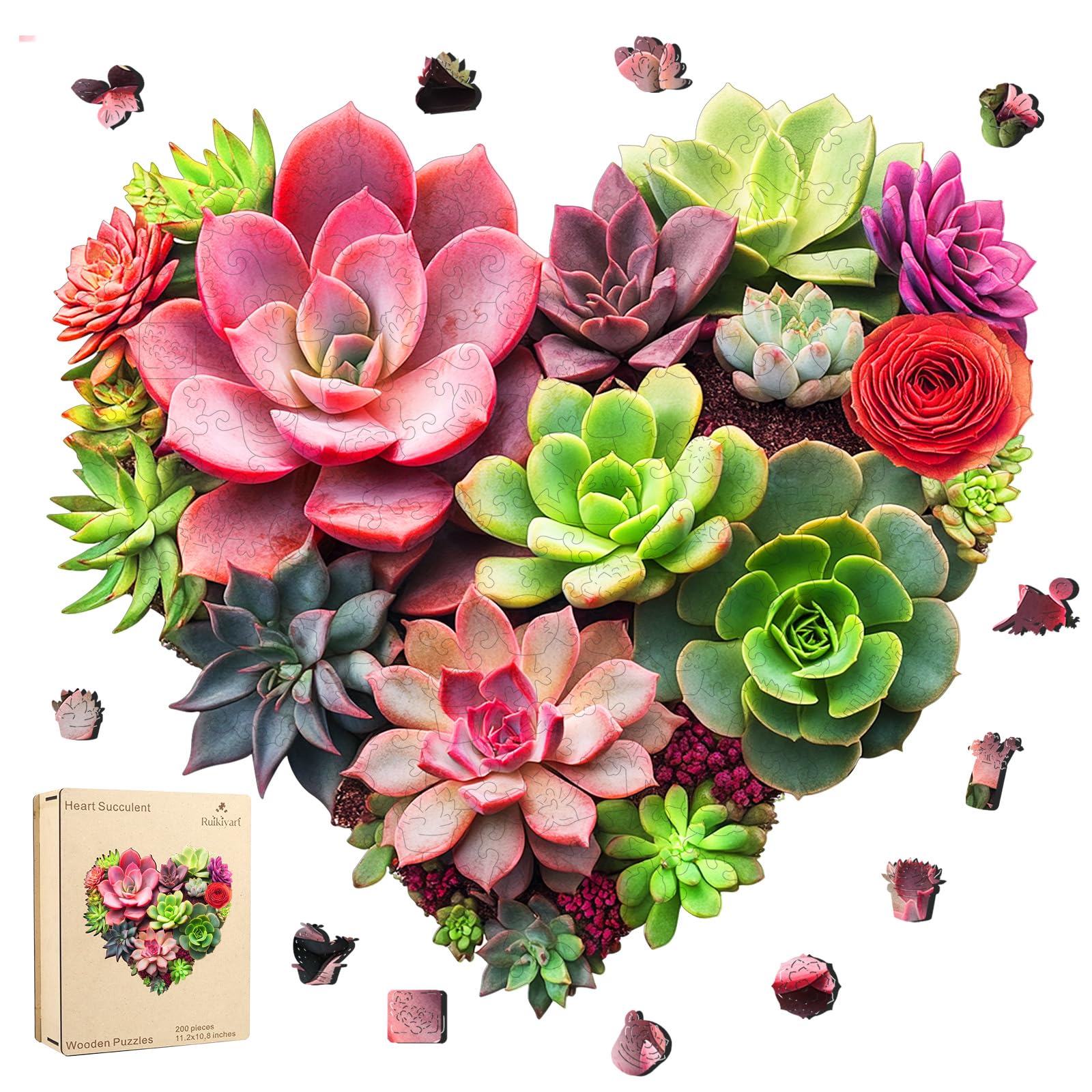 Ruikiyart Wooden Puzzles for Adults,Heart Succulents Flower Jigsaw Puzzles for Adults and Kids,200 Pieces Unique Shaped Wood Plant Puzzles for Kids,