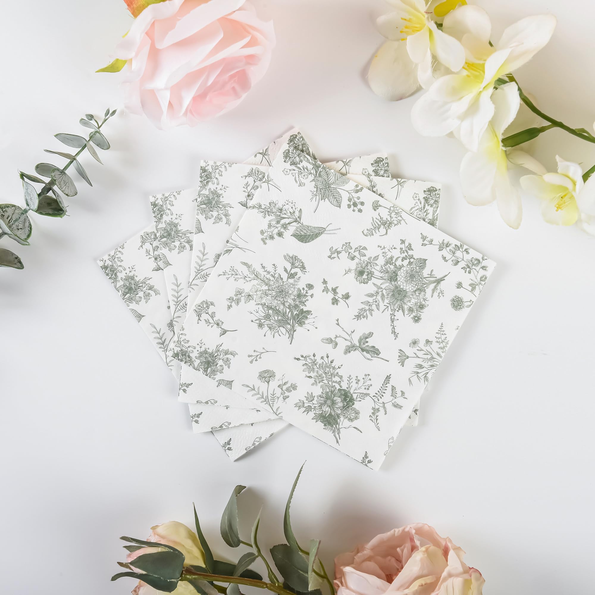 100 Stück Blumen-Servietten Salbeigrün & Weiß – 3-lagige Papierservietten Für Hochzeit, Baby-Shower, Geburtstag & Feiern