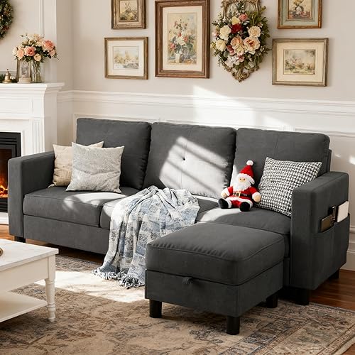 Convertible Sectional Couch Sofa with Storage Ottoman, 76" L Shaped Couch with Side Storage Pockage, 3 Seat Linen Fabric Small Couches for Living Room in Apartment, Linen Fabric, Black