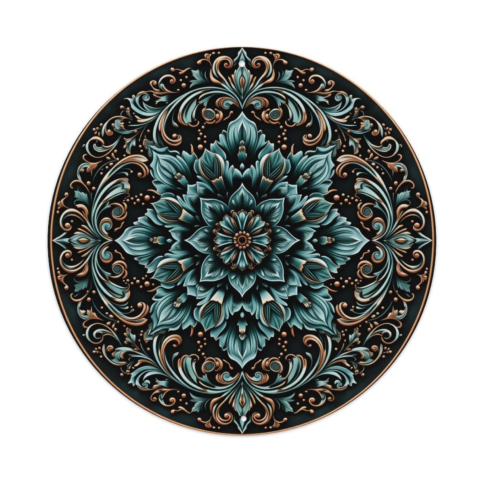 Floral Mandala Ornate Symmetrical Design Round Tin Sign Vintage Metal Poster, Home Bar Garage Man Cave Cafe Indoor & Outdoor Wall Decoration 8x8Inches