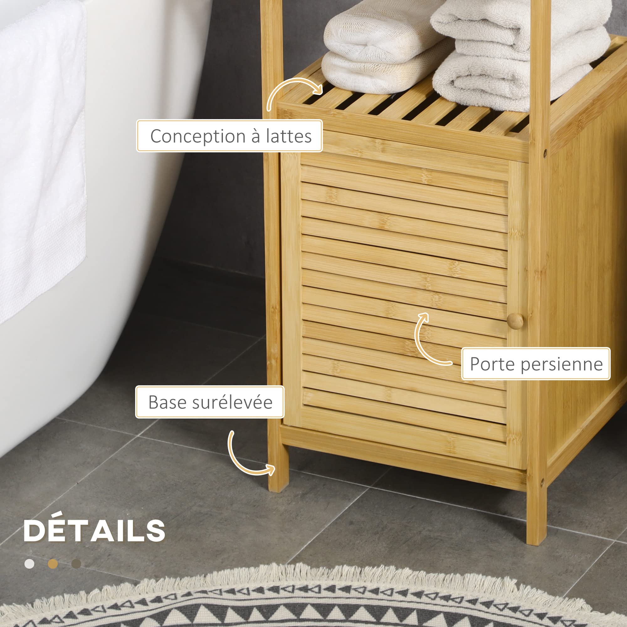 kleankin Meuble sur Pied en Bmabou avec Placard dim. 33L x 36,5l x 67H cm | Meuble Bas de Salle de Bain, Gain de Place