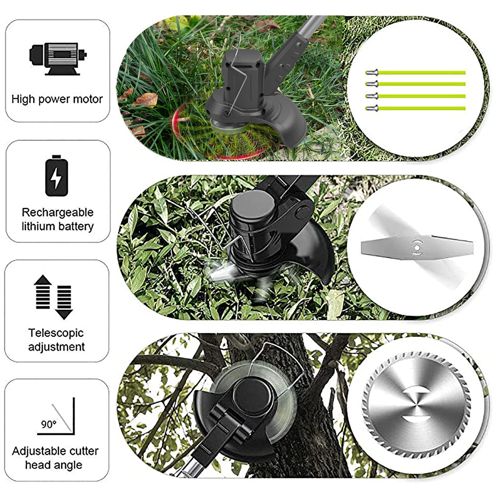 Tosaerba a Batteria, palo telescopico Regolabile Tosaerba Elettrico Multifunzione per Uso Domestico 21V 2000mA Tosaerba a Batteria Nero per Giardino carrabile per la Cura del Prato