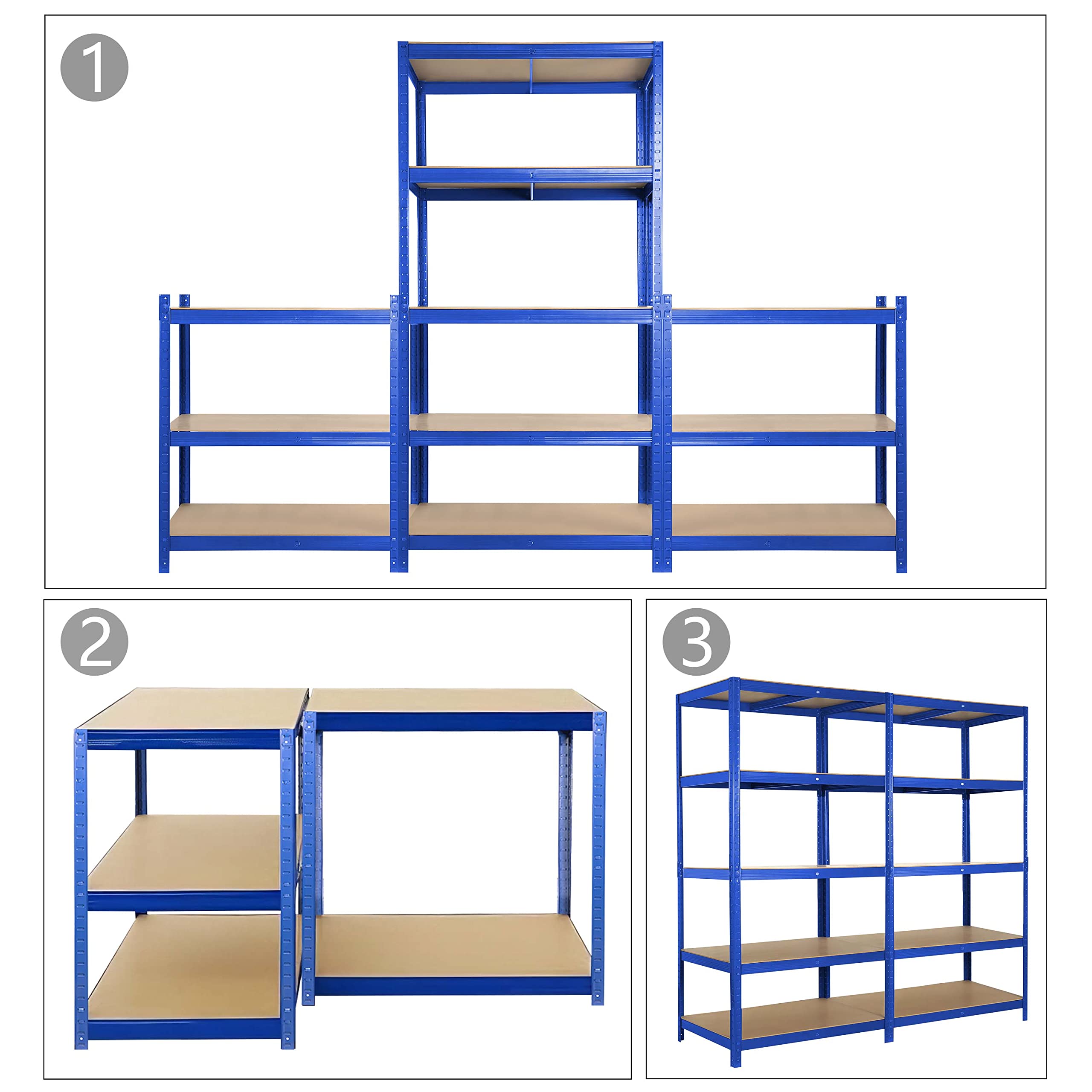 Ribelli Scaffali per Carichi Pesanti, 180 x 90 x 60 cm, Scaffalatura a 5 Ripiani Regolabili, Scaffale Metallo Garage, Portante 875 kg, Scaffale per Magazzini, Cucine, Senza Viti, Blu