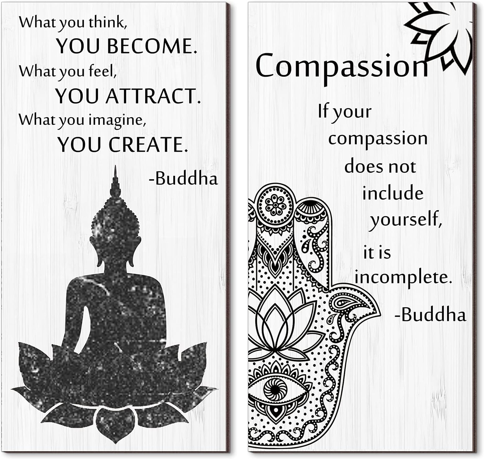 Buddha Quotes 2 Pieces Inspirational Quote Wall Decor Zen Meditation Wooden Hanging, Meditation Buddha [Wall] [Art]s for Home Living Room Yoga [Decor]s (Compassion)