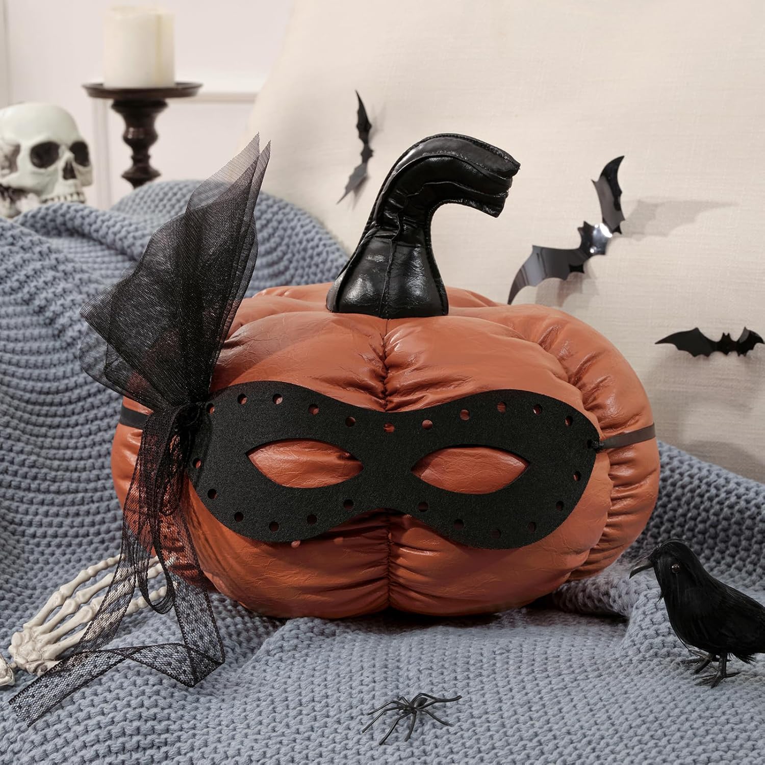 Phantoscope Bundle -Halloween Faux Leather Pumpkin Throw Pillows Orange 12 x 11 inches & Halloween Black Cat Shaped Pillow with Wizard Hat Black Wizard Cat 19.5 x 11 inches