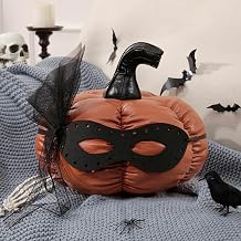 Phantoscope Faux Leather Pumpkin Throw Pillows, Happy Halloween Pumpkin Shaped Pillow with Felt Mask Fall Decorative 3D Shaped Cushion for Couch, Bed, Orange, 12 x 11 inches