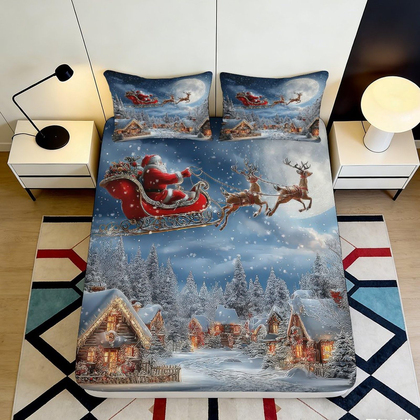 3D Printed Christmas Santa Sleigh Fitted Sheet Microfiber Soft Snow Village Mattress Cover for Bedroom Dorm Mattress Protection Decor, 100x200cm 90x200x25cm