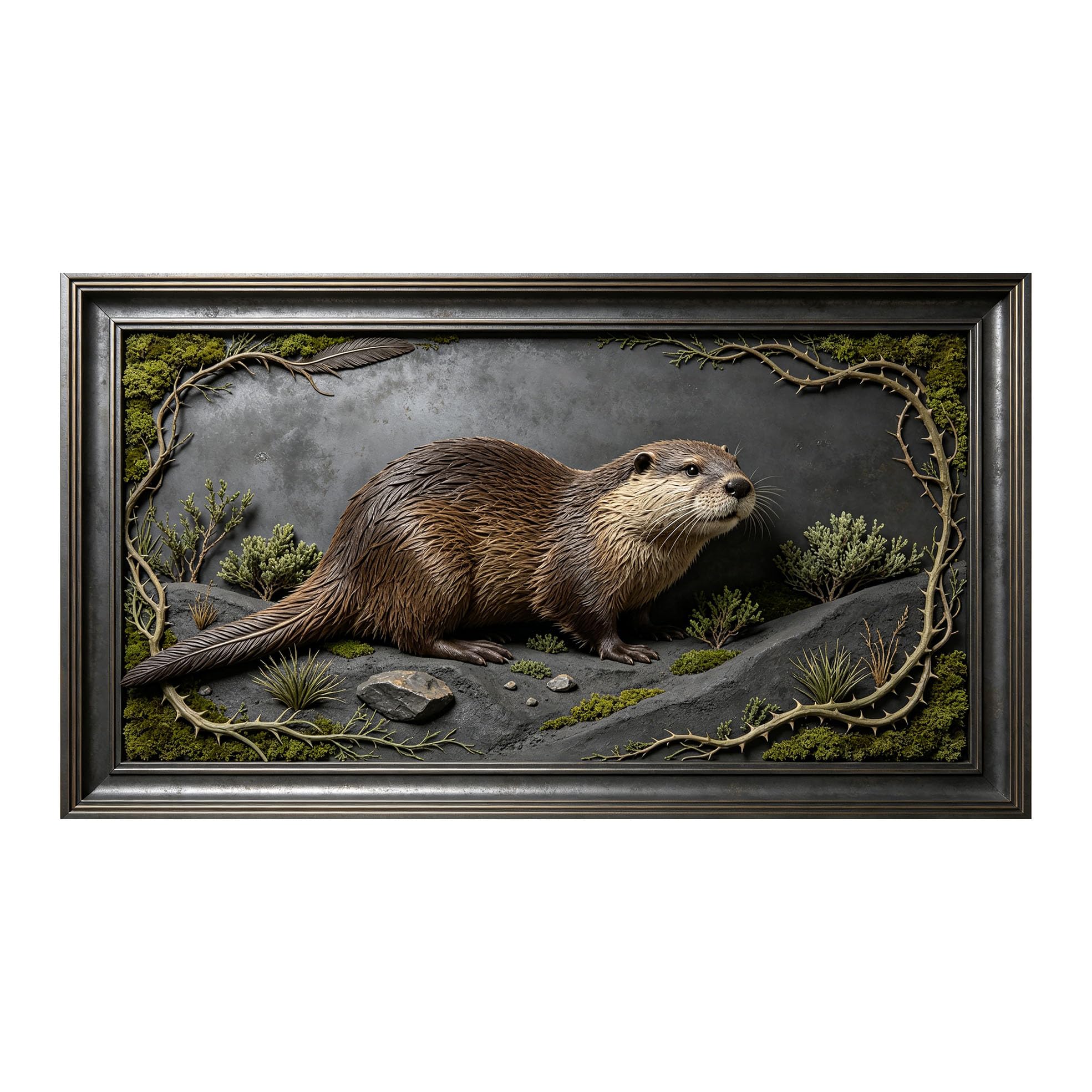 Murasolite 3D 3D Framed Wall Art 50cm×90cm River Otter Wilderness Realistic Sculpture Style SelfAdhesive Fabric Mural Wall Decor, Peel and Stick No Damage to Wall for Bedroom Living Room