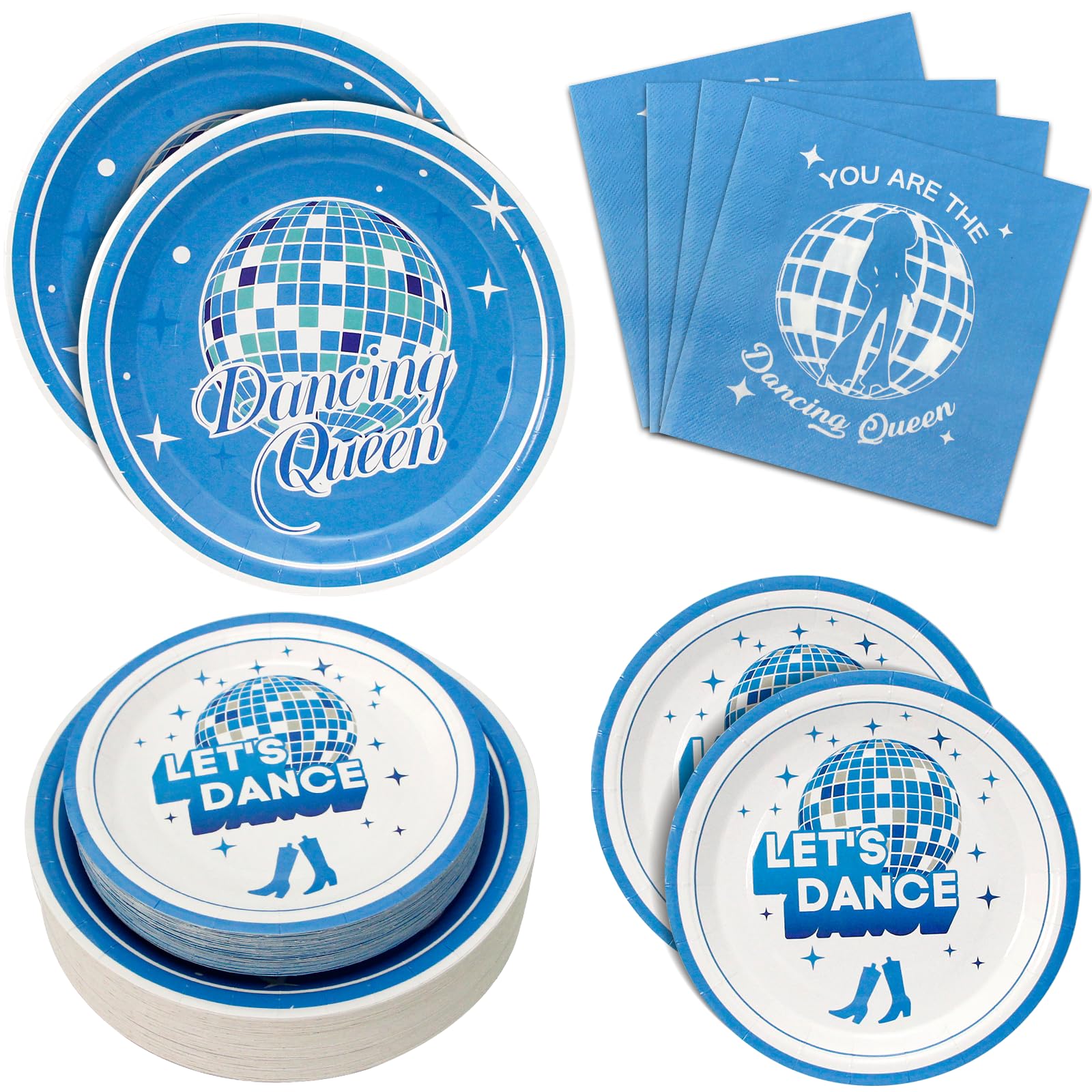 Dhnvcud 180PCS Dancing Queen Party Supplies Serve 60,Blue Disco Paper Plates and Napkins Kit for 70s Disco 17th Birthday Bachelorette Party