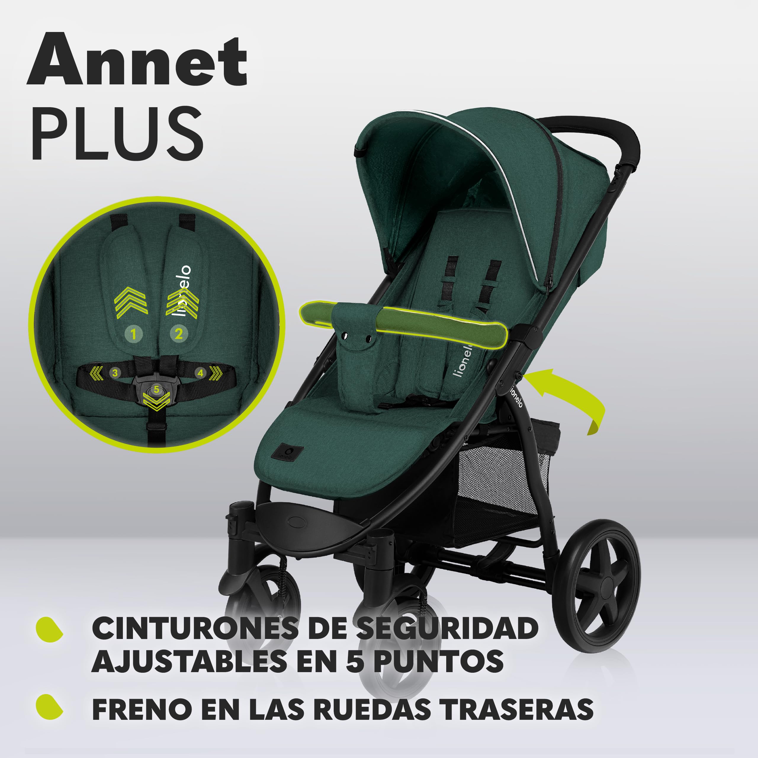 LIONELO Annet Silla de Pase Para niños hasta 22 kg 0-48M ajuste del respaldo hasta posición horizontal Capucha XXL Plegable fácil con ventana Mosquitera (Green)
