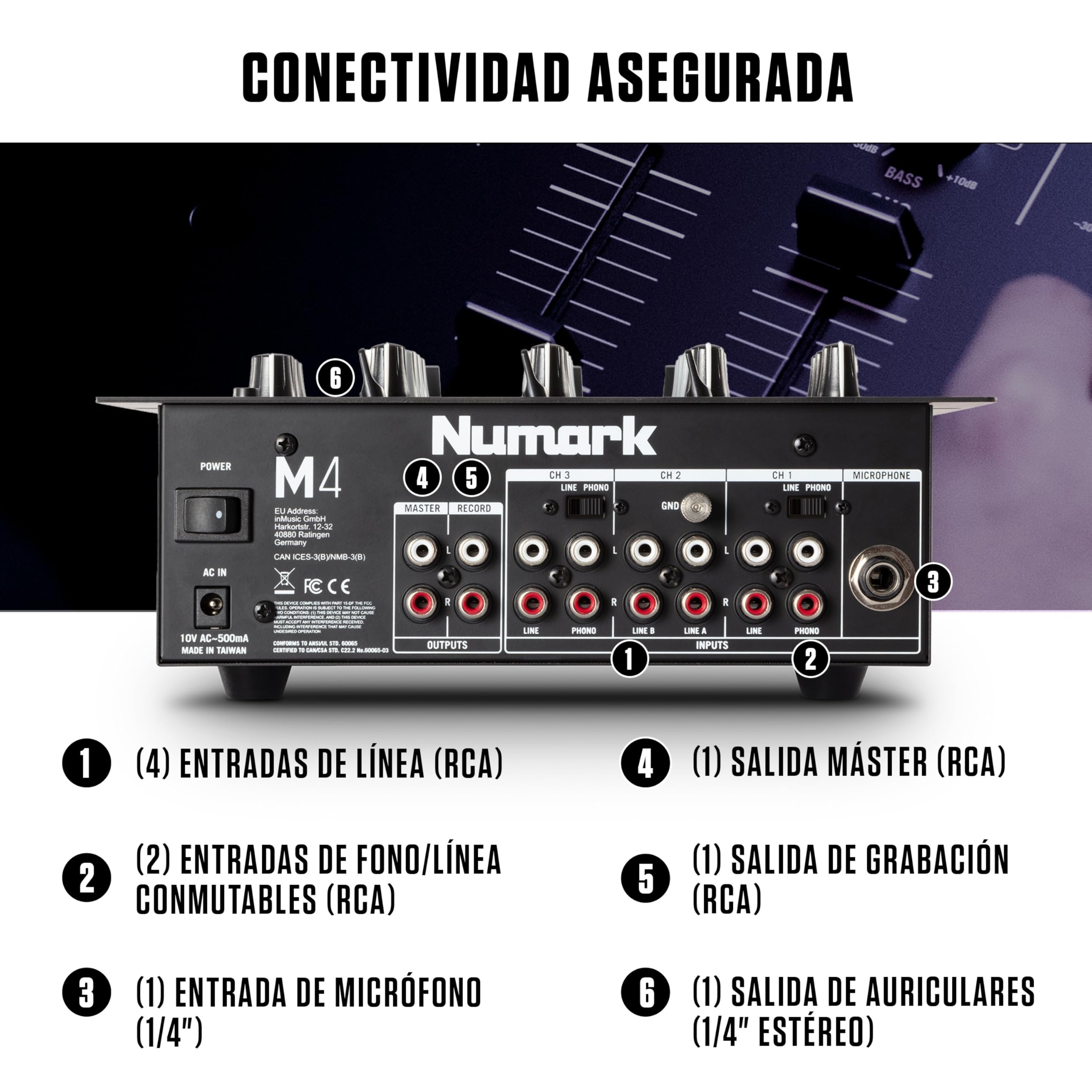 Numark M4 Mesa de Mezclas DJ de 3 Canales para Scratch, Instalable en Rack, con EQ de 3 Bandas, Entrada de Micro y Crossfader Reemplazable con Controles Inversión y Curva