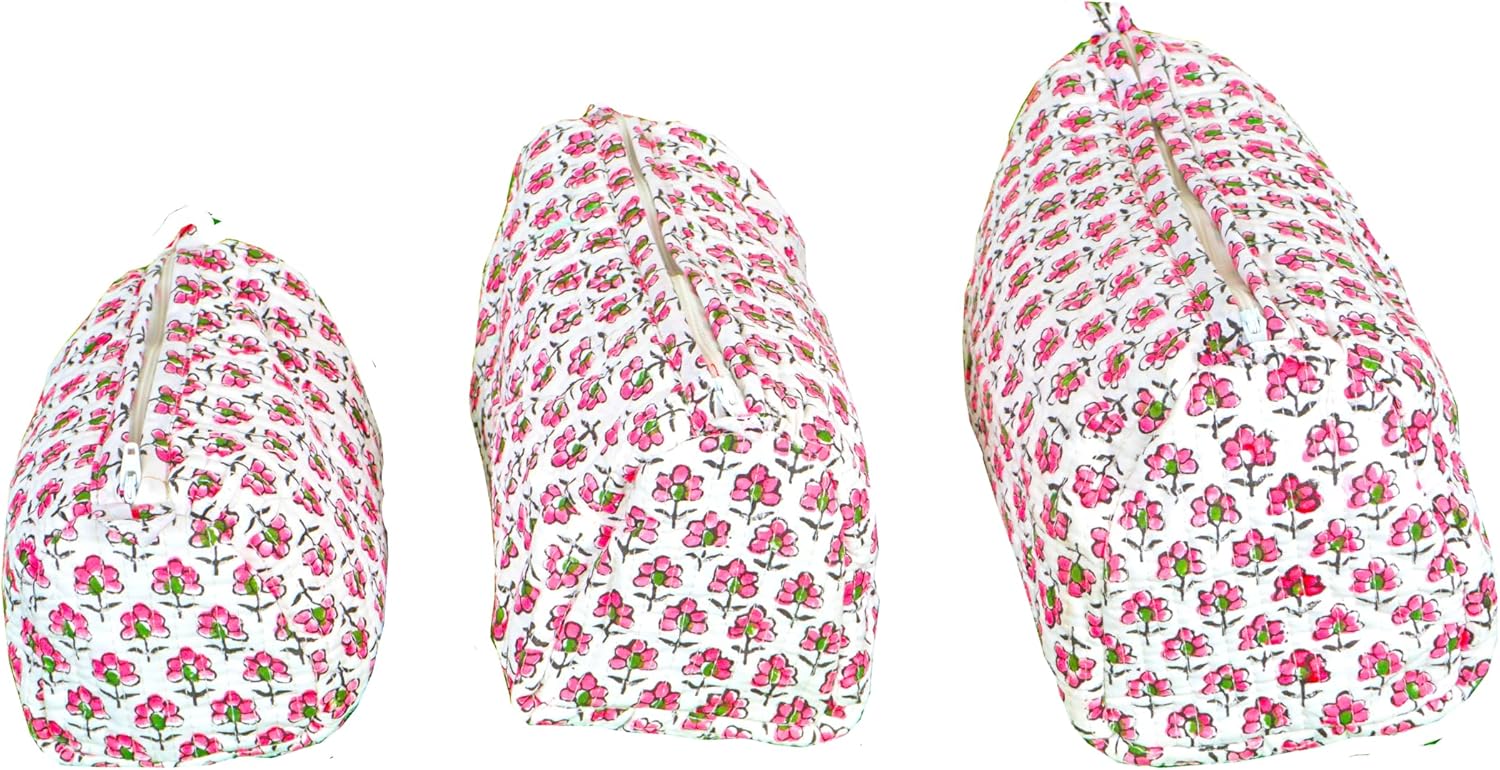 Set of 3 Pieces Indian Handmade Cotton Quilted Handmade Floral Hand Block Print Toiletry Bag,Cosmetic Pouch Bag Makeup Bag For Women (Cotton, White C)