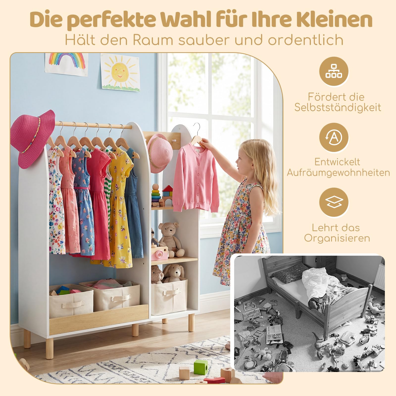 COSTWAY Kleiderschrank Kinder mit Beleuchtung, Kindergarderobe mit Spiegel, Kleiderstange, Regalen & Haken, Kleiderständer aus Holz für Kinderzimmer, 91 x 28 x 110 cm, Weiß