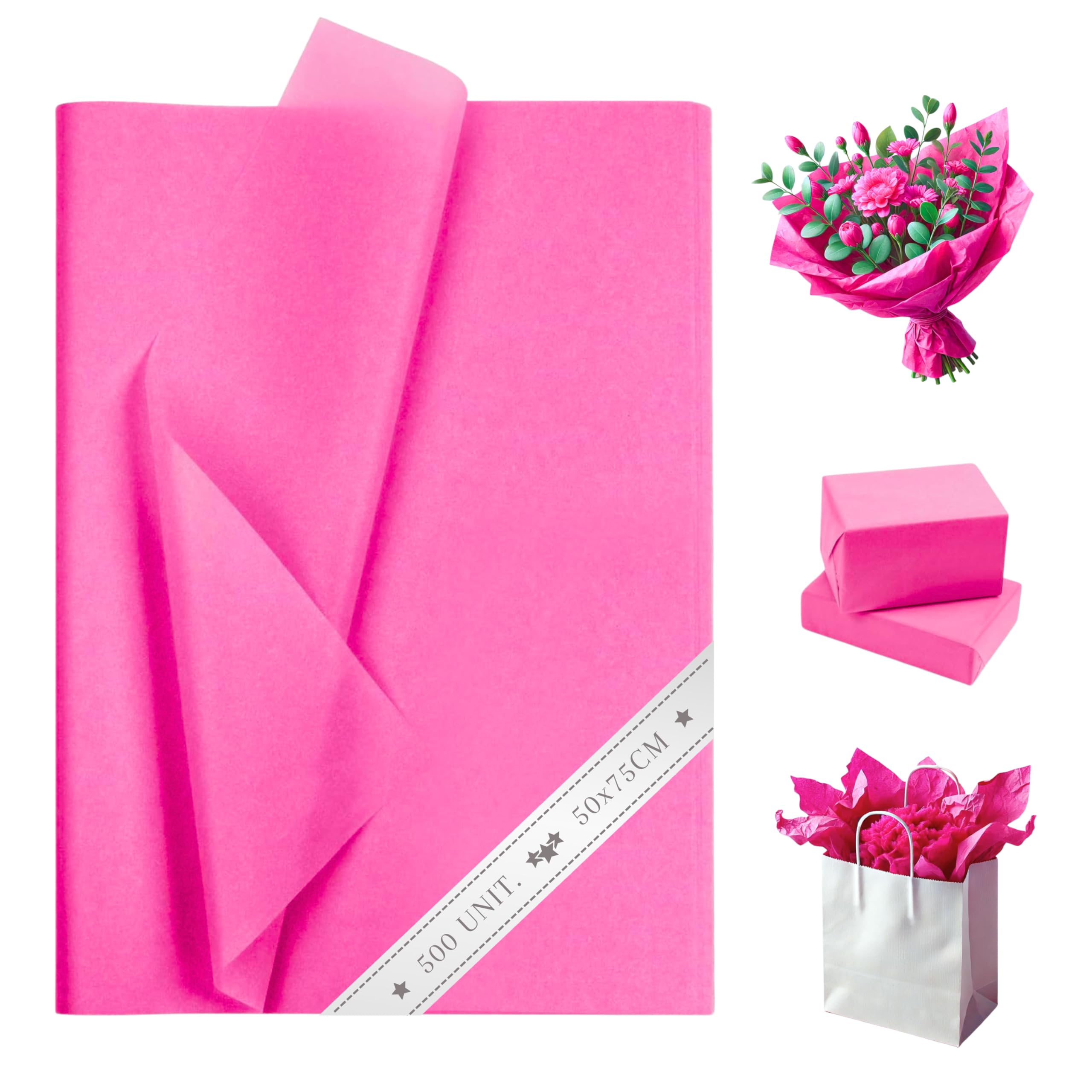 500 Fogli di Carta Velina Rosa Fucsia 50x75 cm - Carta da Imballaggio per Fioristi, Confezioni Regalo, Carta Triturata, Carta da Imballaggio per Pacchi, Decorazioni, Carta Velina per Pompon