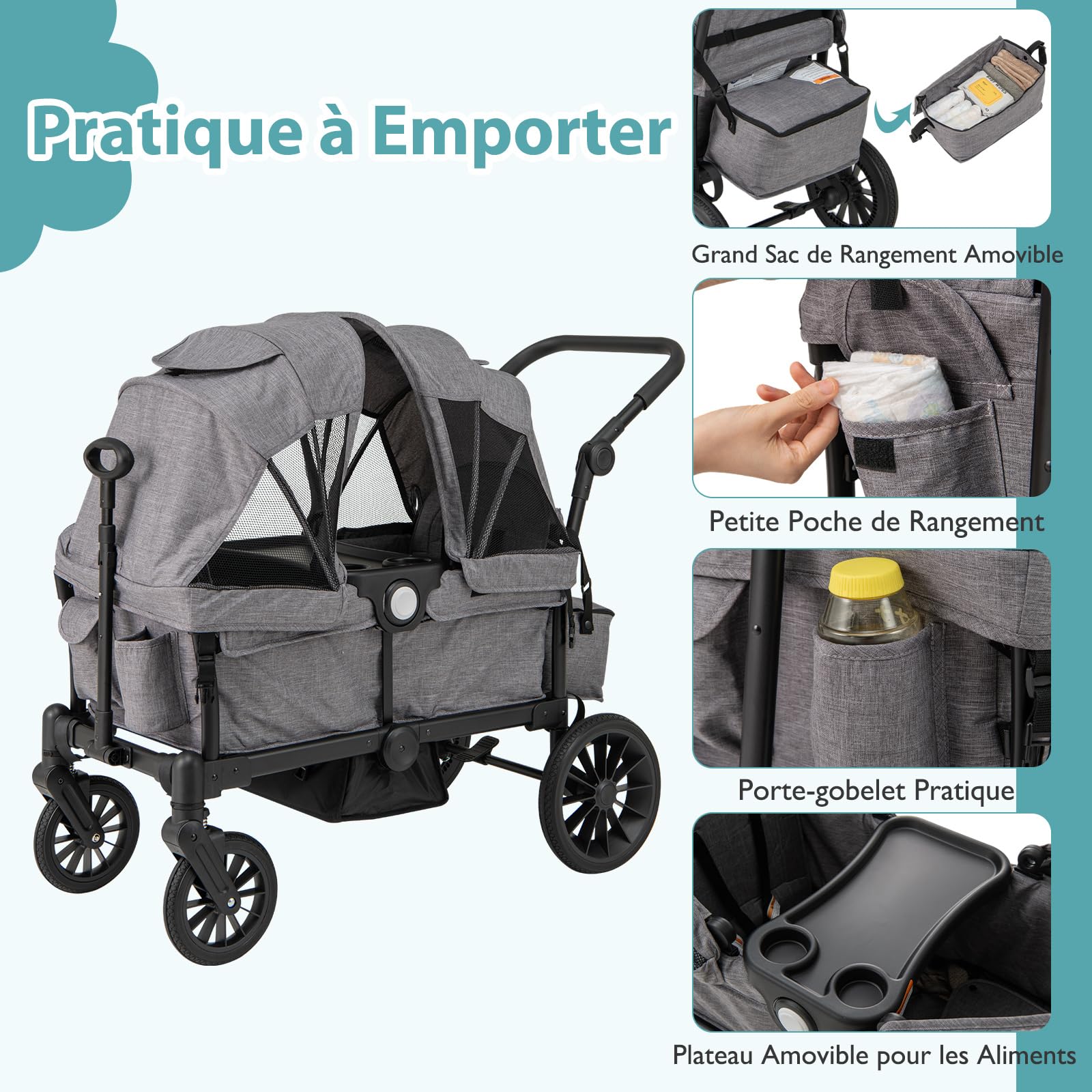COSTWAY Poussette Tandem Double Pliable avec Auvent Amovible & Poignée Réglable, Chariot Enfant Transport avec Sac & Plateau-repas & Roue à Freins, Charge 25 kg Chacun pour 2 Bébés de 6 Mois+ (Gris)