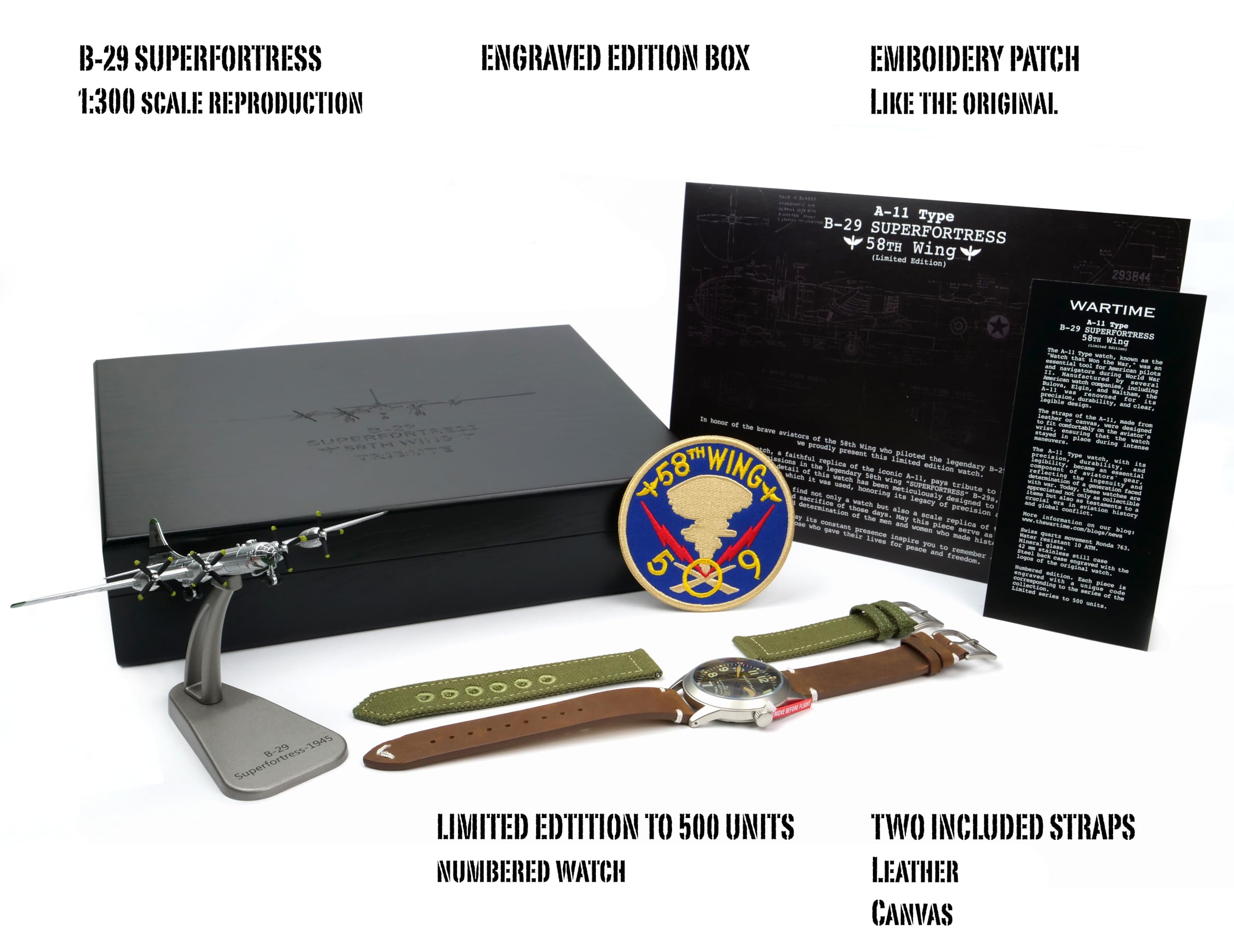 WARTIME | Orologio areonautica militare uomo ispirata al modello della Seconda guerra mondiale A-11 – Edizione limitata da collezione, numerata singolarmente, include due cinturini e accessori extra.