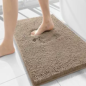 Smiry Luxury Chenille Bathroom Rugs 34x21, Extra Soft and Absorbent Shaggy Bath Mat, Machine Washable, Non-Slip Plush Carpet Runner for Tub, Shower, and Floor, Home Decor Accessories, Camel