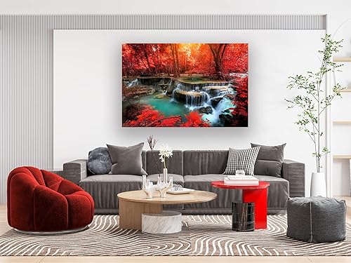 Miniatura 3 de Muolunna BK03969 - Lienzo decorativo para pared, diseño de cascadas de bosque rojo, 1 pieza, árbol de paisaje moderno para sala de estar,