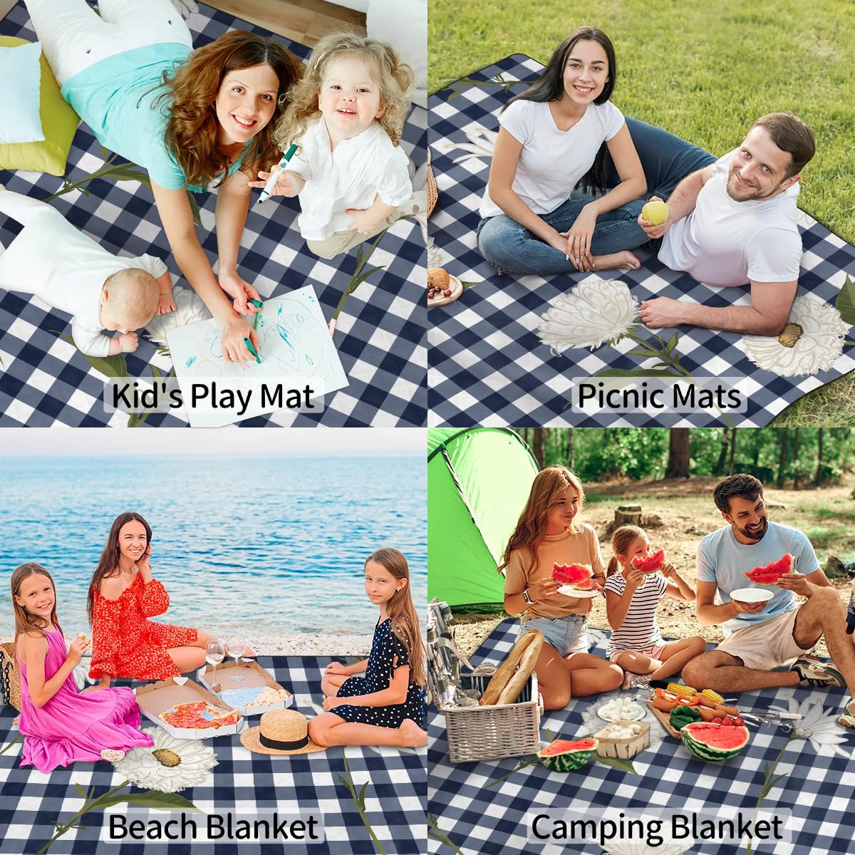 Daisy Koc piknikowy w kratę, wodoodporny, odporny na piasek, składany koc plażowy, 200 x 200 cm, bardzo duża, przenośna, nadająca się do prania, mata na zewnątrz, na kemping, do parku, na
