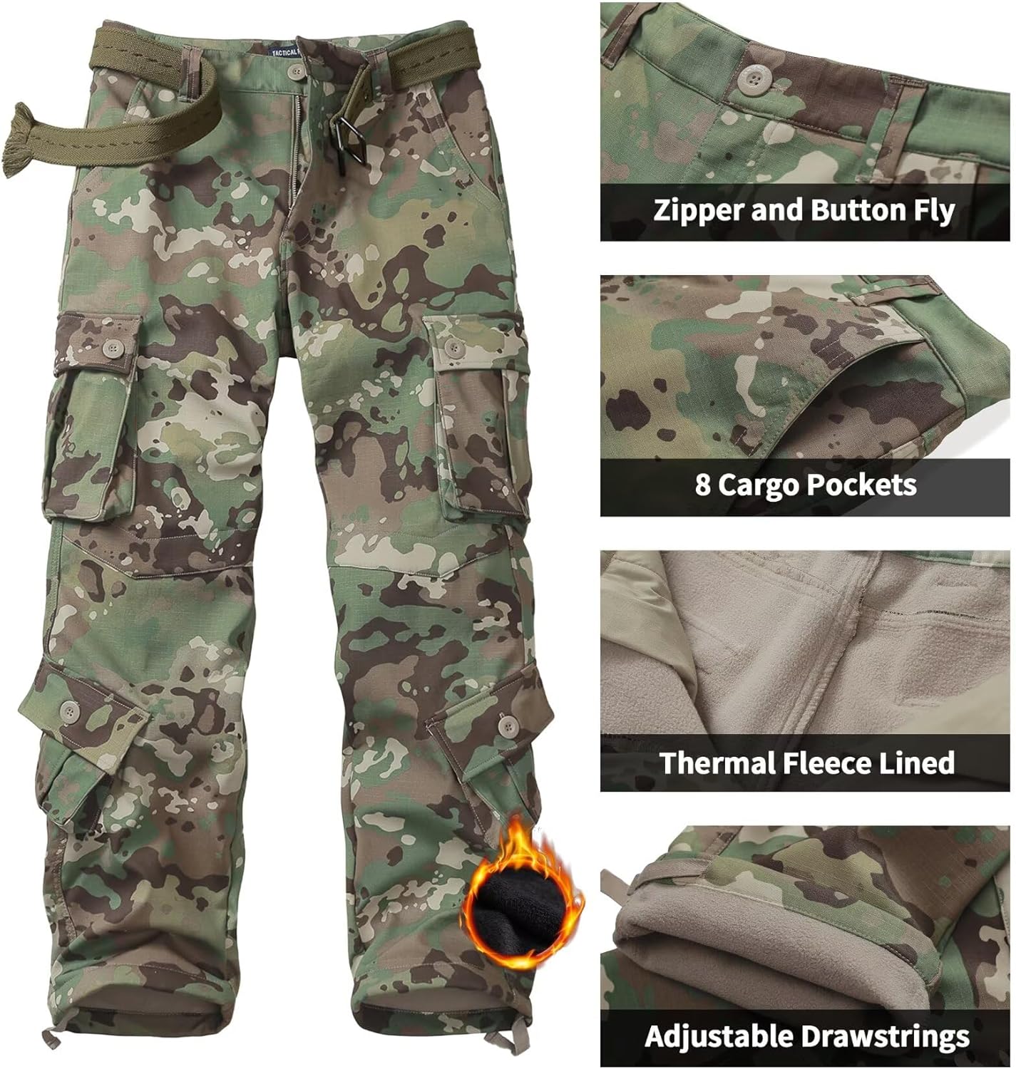TRGPSG Men's Fleece Lined Hiking Pants Winter Camo Cargo Pants Windproof Tactical Casual Work Ski Pants with 8 Pockets - Image 5