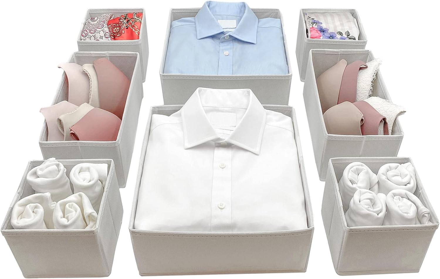 FCG Home Set of 8 Fabric Drawer Organiser Divider Storage Organizer Box for drawers, cupboard, wardrobe Can be used for organising underwear, baby toys and clothes White