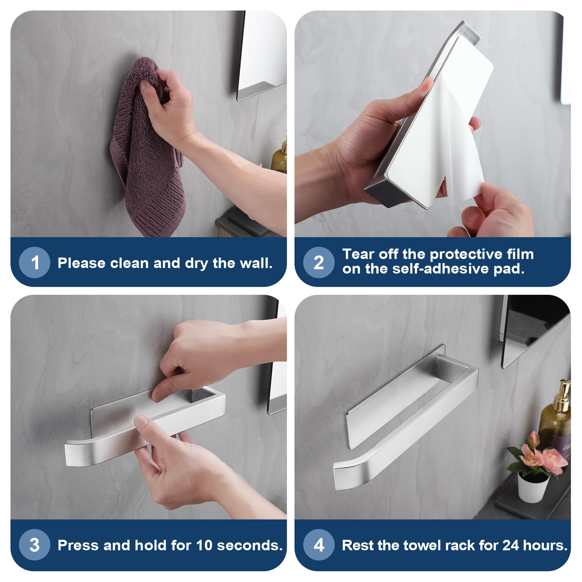 ALOCEO Toalleros de Baño sin Taladro Acero Inoxidable Toallero Adhesivo Plata 24cm — view 7