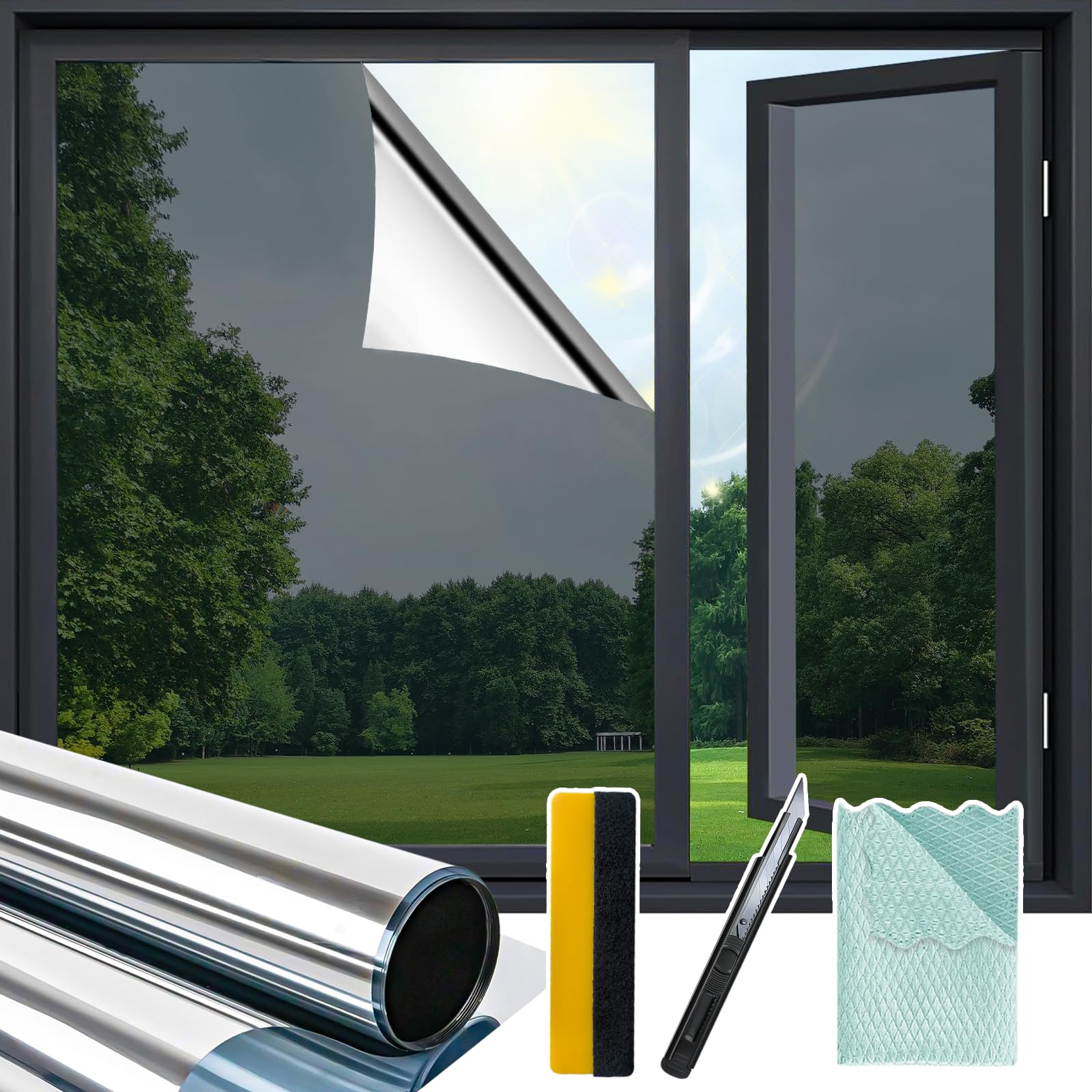 Film d'intimité à sens unique Niviy argent miroir 30x200 cm avec outils