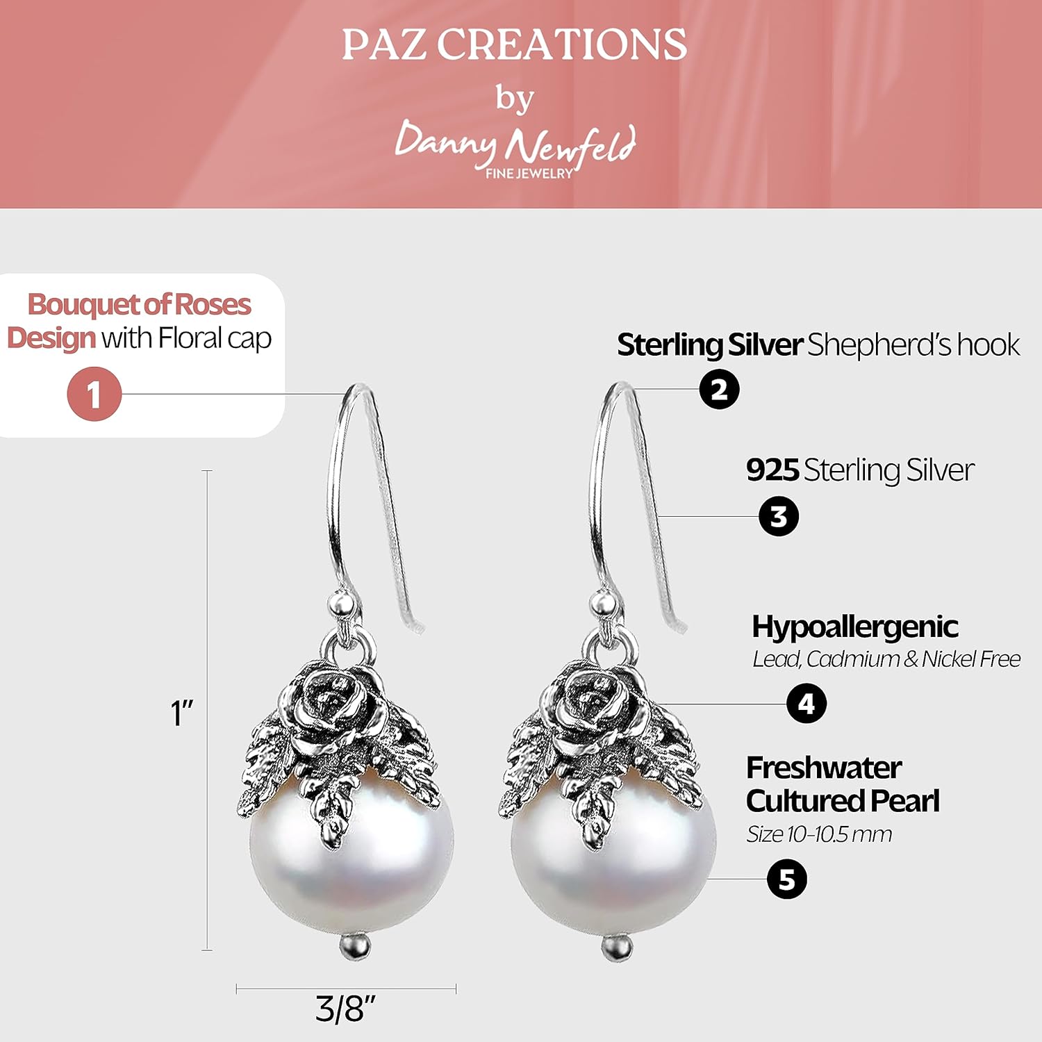 Paz Creations Sterling Silver Dangle Pearl Earrings with Floral Caps - Real Freshwater Ball-Shaped White Pearls - Elegant Drop Earrings Set - Classic Gift for Her