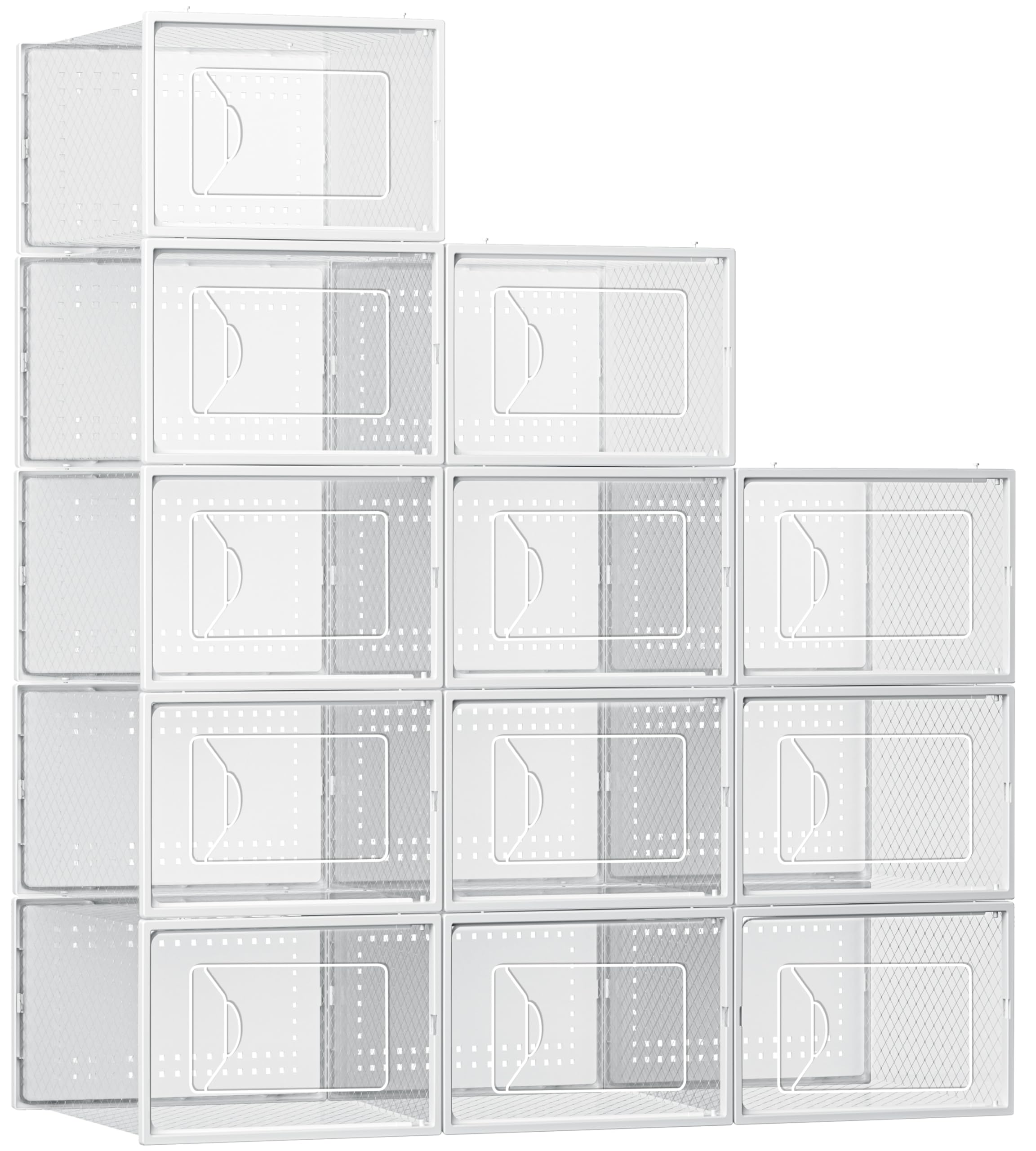 Shoe Storage Box, 12 Pack Clear Plastic Stackable Shoe Organizer for Closet, Interlocking Design Shoe Container Bins for Sneakers, Foldable Shoe Rack with Lids, White