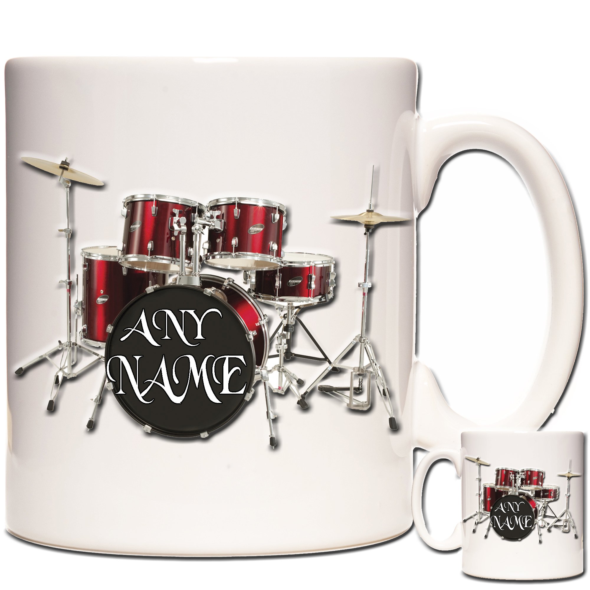 Kazmugz Red Your Name Here Drum Mug, Personalised Drum Kit Drummer Music Rock Band Novelty Gift Mug, Ceramic Gift Mug For Drummers Everywhere. Drum Kit Mug