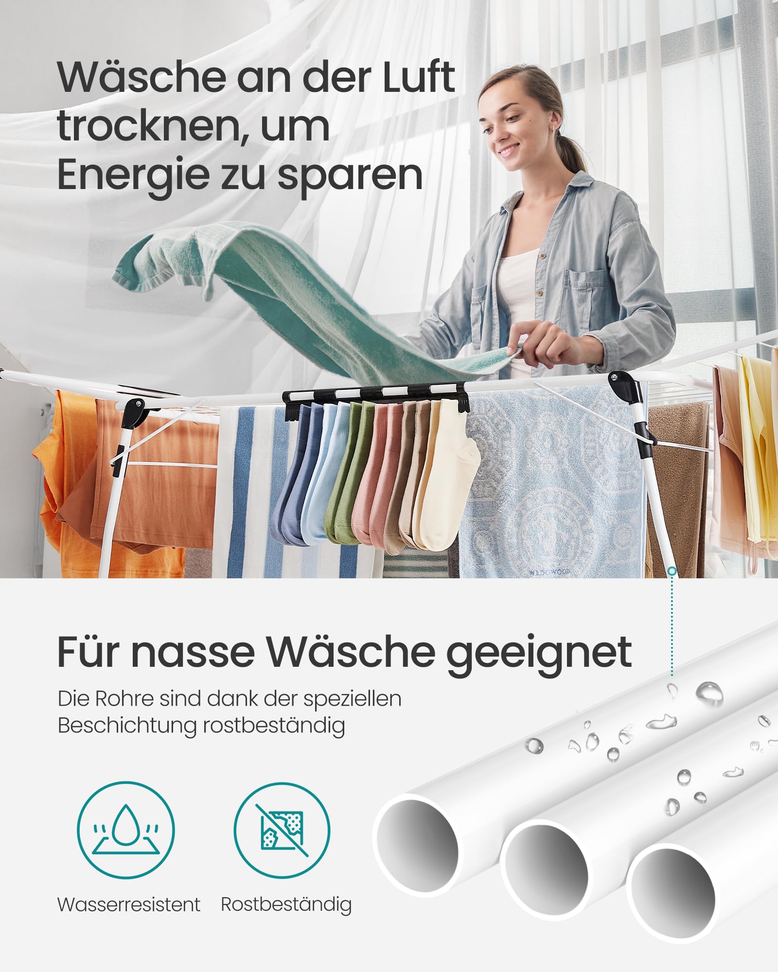 SONGMICS Wäscheständer 2er Set, Standtrockner 52,5 x 173 x 96,5 cm, Flügelwäscheständer, Flügelwäschetrockner platzsparend, mit Sockenhalter, Metall, für Kleidung, Handtücher, weiß LLR518W01V1-2J