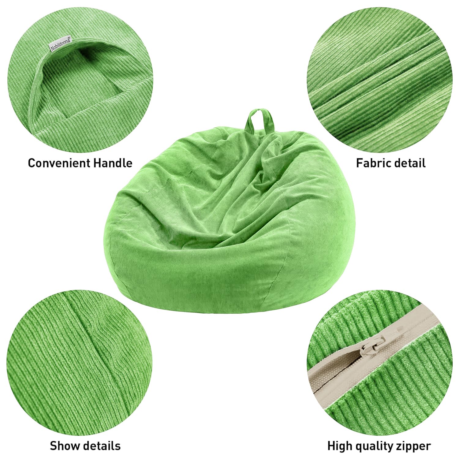 Nobildonna Bean Bag Chair Cover (No Filler) for Kids and Adults. Extra Large 300L Bean Bag Stuffed Animal Storage Washable Soft Premium Corduroy Stuffable Bean Bag Cover (Fruit Green) - Image 3