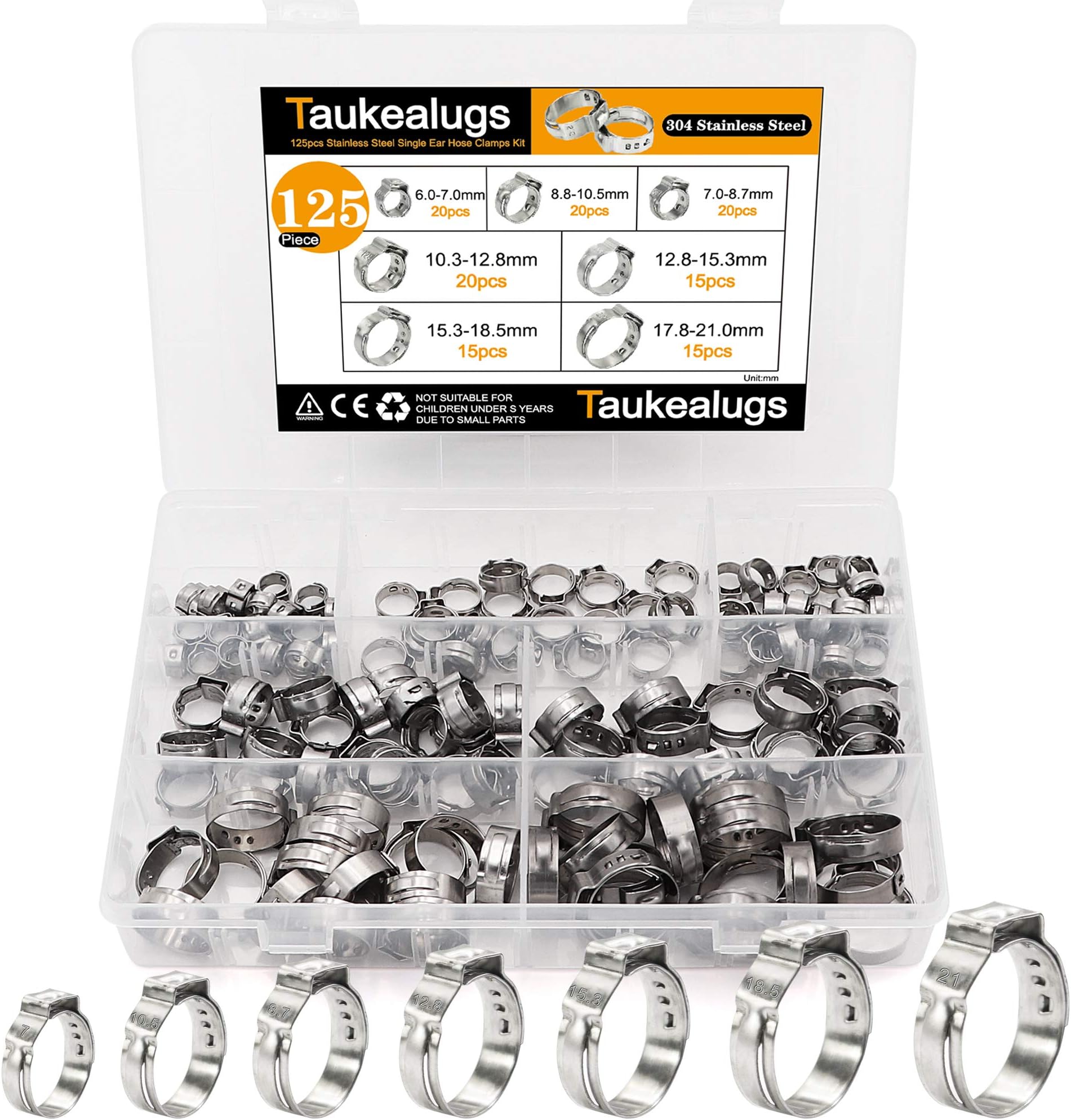 125Pcs 304 Stainless Steel Single Ear Hose Clamps 7 Sizes 6-21mm for Securing Pipe Hoses and Automotive Use