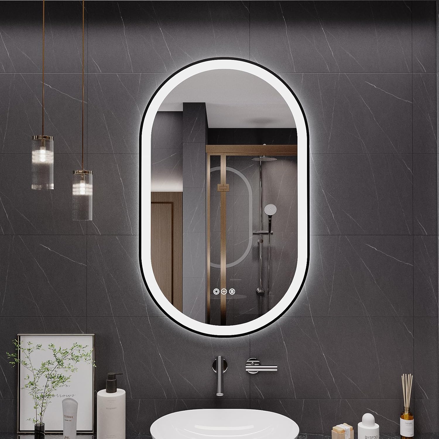 LED Mirror for Bathroom, 20x36 Inch Vanity Mirror with Lights?Anti-Fog Oval Bathroom Mirror, 3 Colors and Stepless Dimmable Wall Mounted Makeup Mirror with Metal Frame (Black)